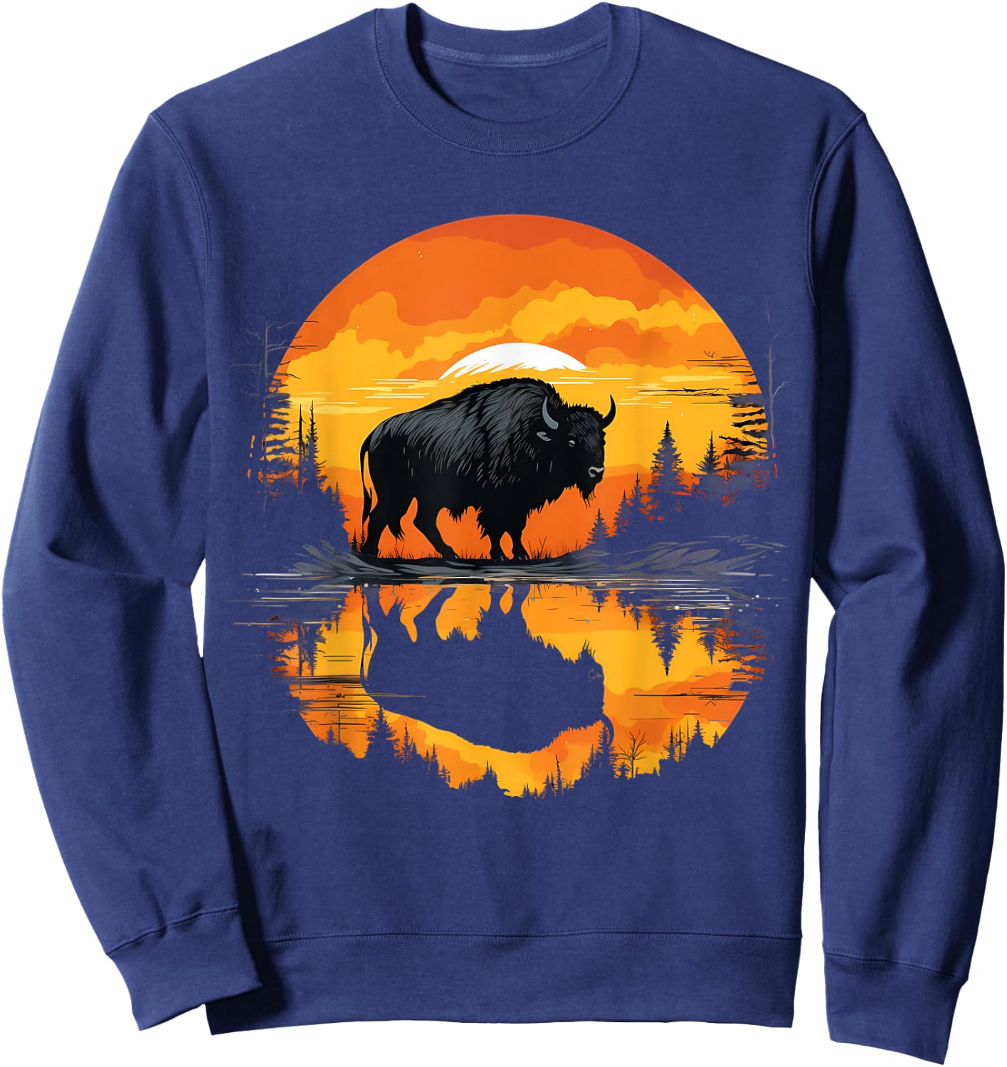 Buffalo Sunset Wildlife Safari Nature Bison Motif Savanna Sweatshirt - Sweatshirt | Navy