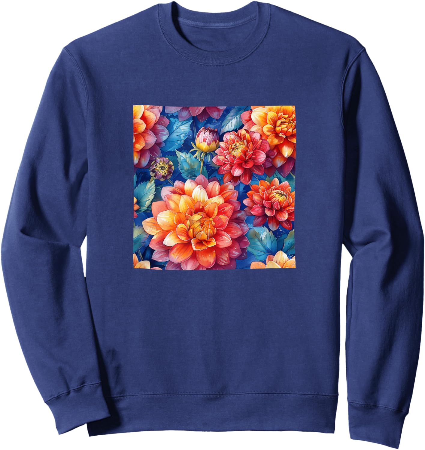 Dahlia Flower Watercolor Pattern Graphic Sweatshirt - Sweatshirt | Navy