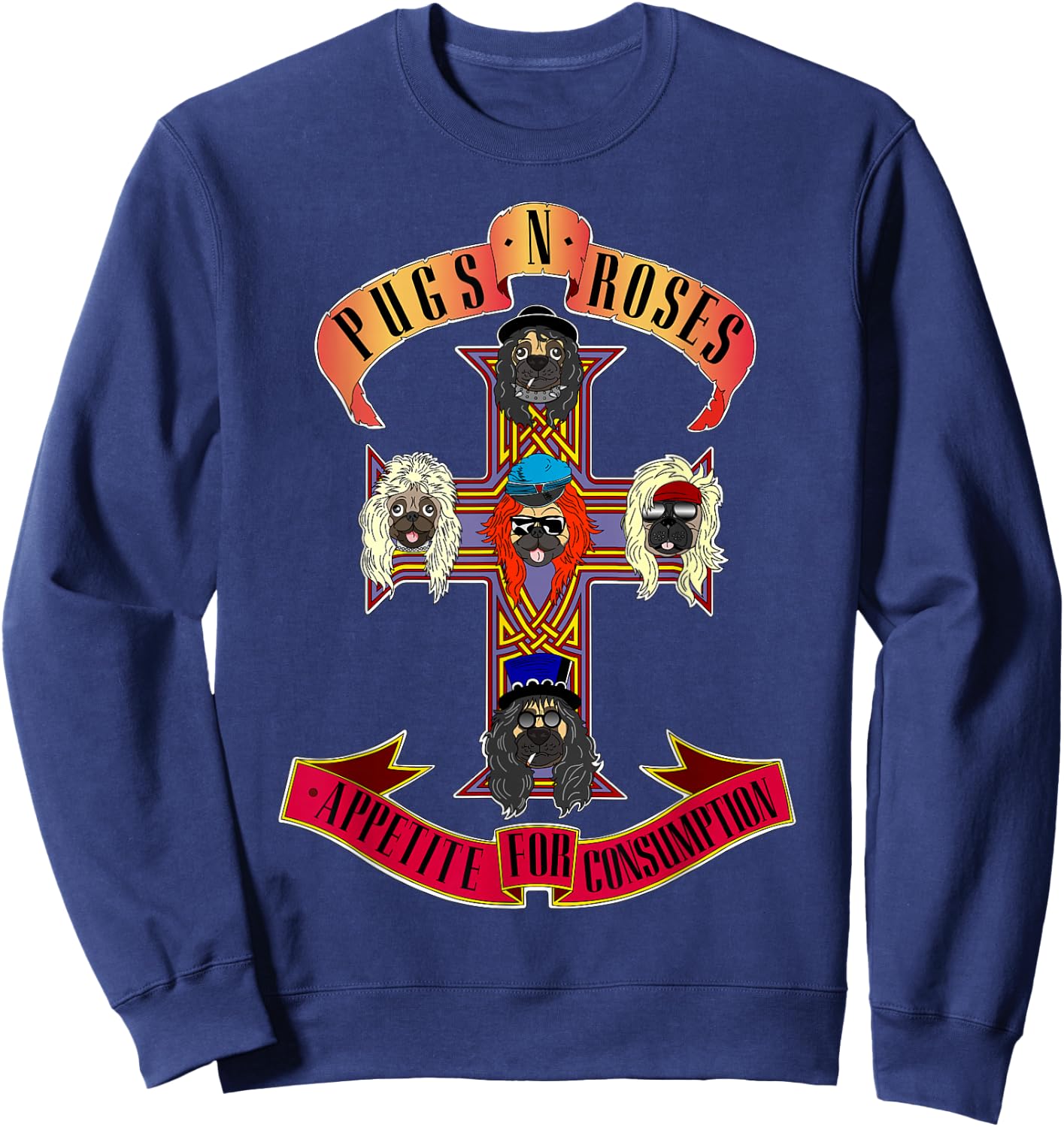 Pugs & Roses Funny Classic Rock And Roll Lover Pug Owner Sweatshirt - Sweatshirt | Navy