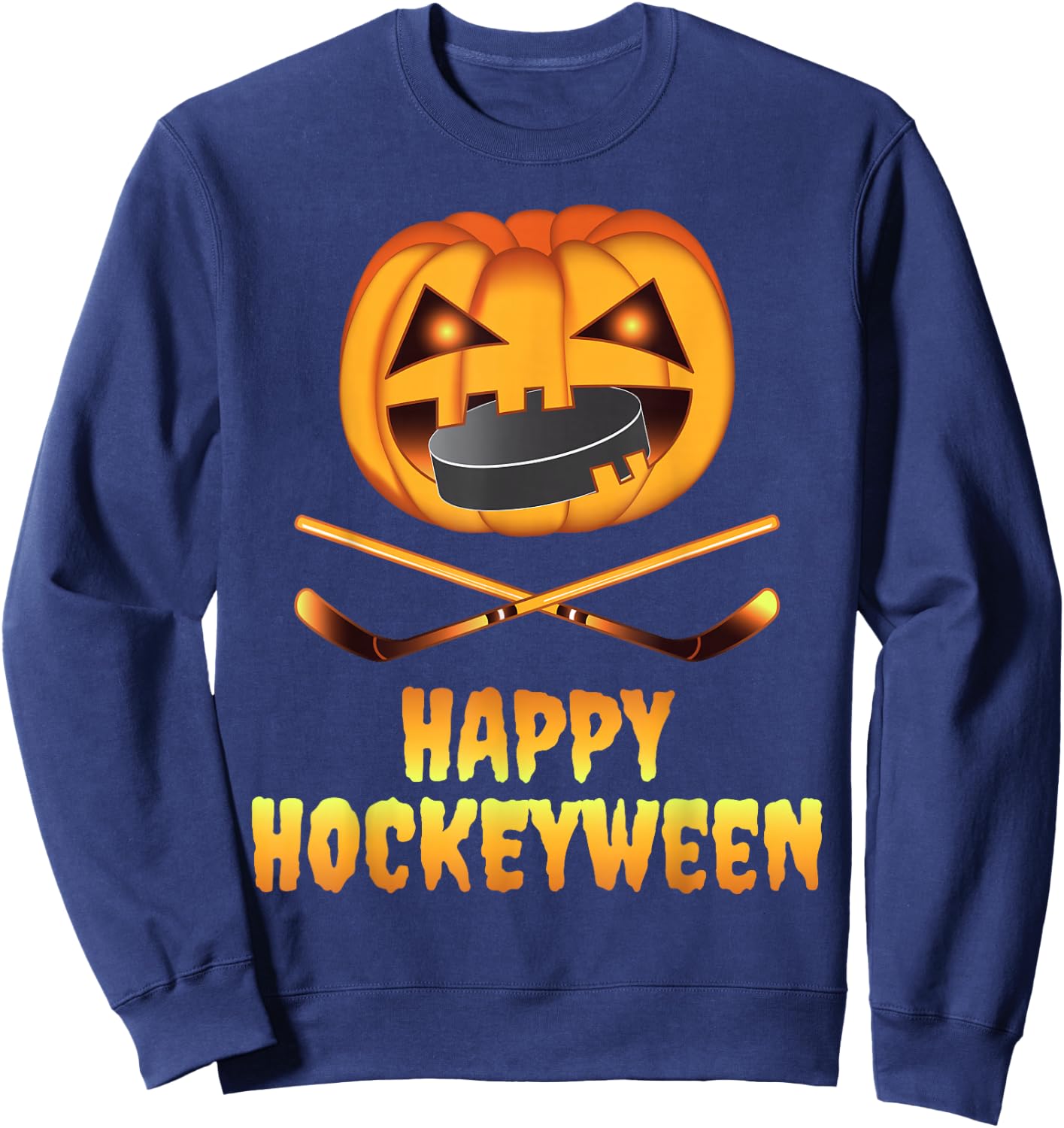 Happy Hockeyween Hockey Pumpkin Eating Puck Funny Halloween Sweatshirt - Sweatshirt | Navy