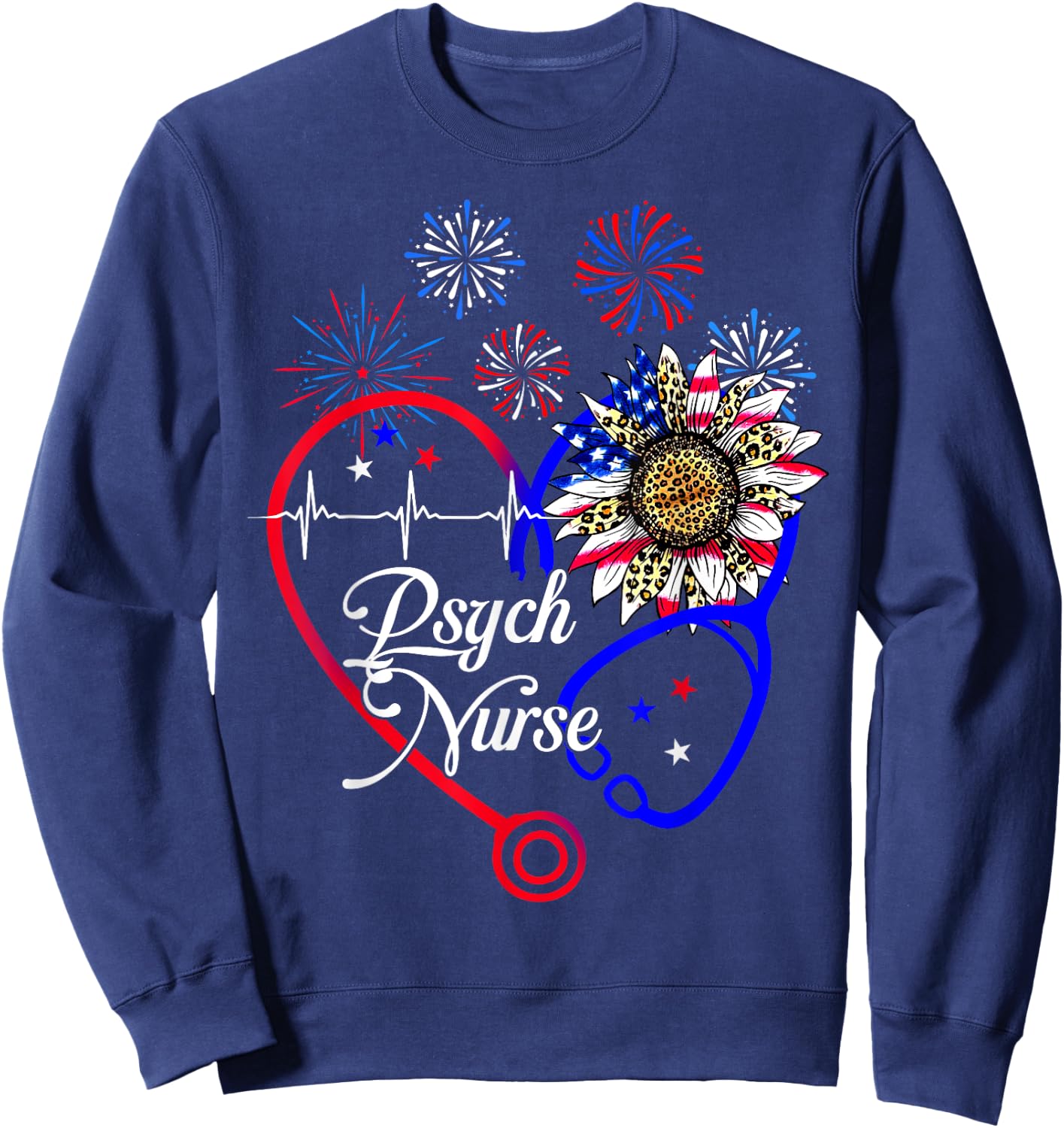 Patriotic American Psych Nurse Sunflower 4th Of July Nursing Sweatshirt - Sweatshirt | Navy
