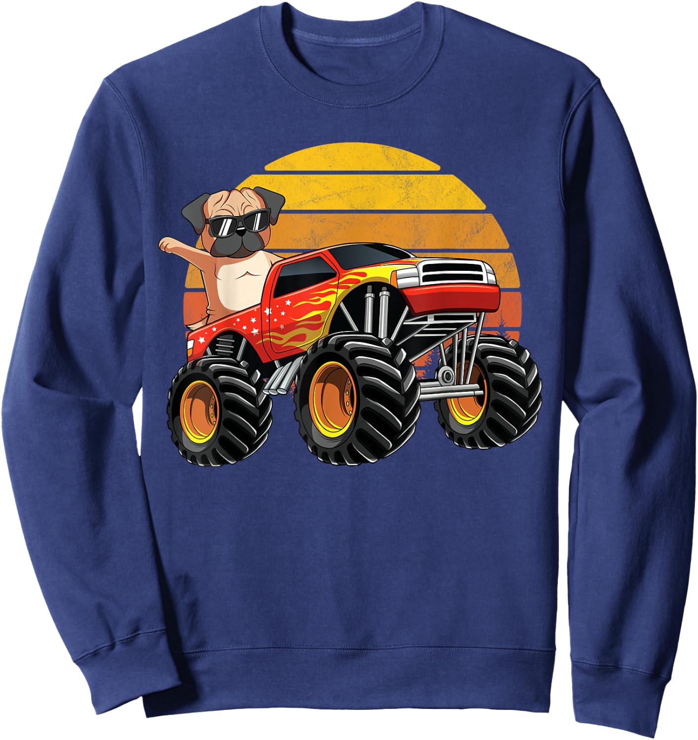 Vintage Monster Truck Pug Dog Retro Sunset Boys Sweatshirt - Sweatshirt | Navy