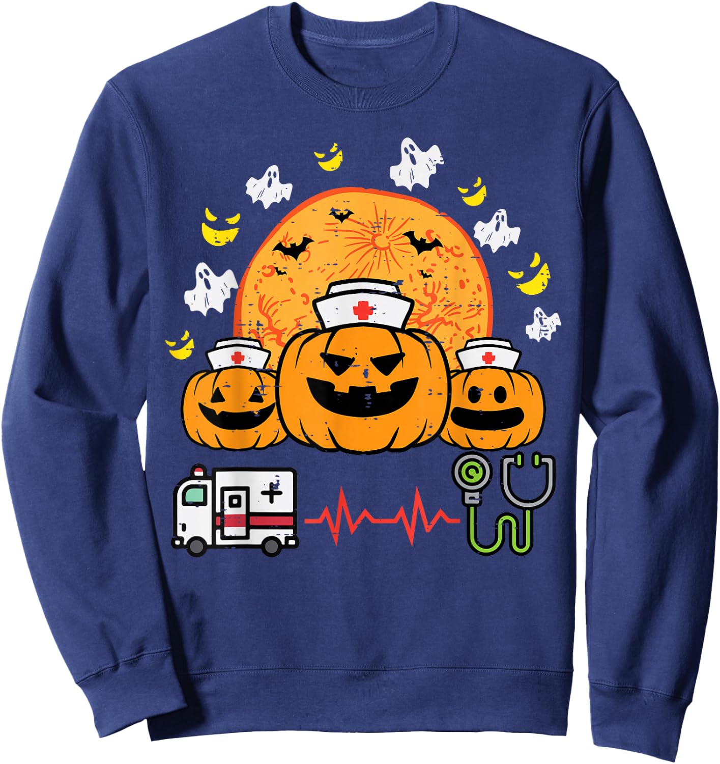 Halloween Pumpkin Nurses Paramedic Costume Scrub Top Women Sweatshirt - Sweatshirt | Navy