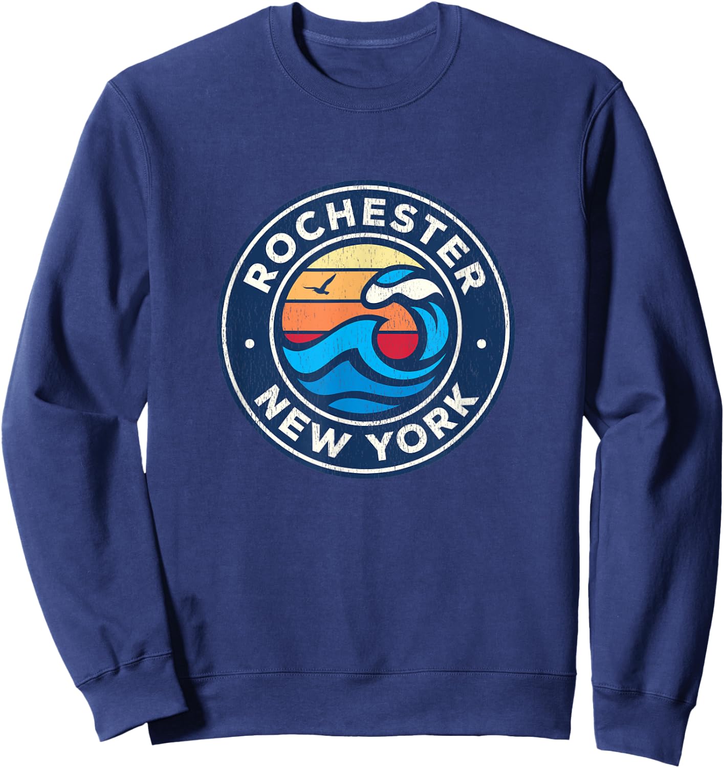 Rochester New York NY Vintage Nautical Waves Design Sweatshirt - Sweatshirt | Navy
