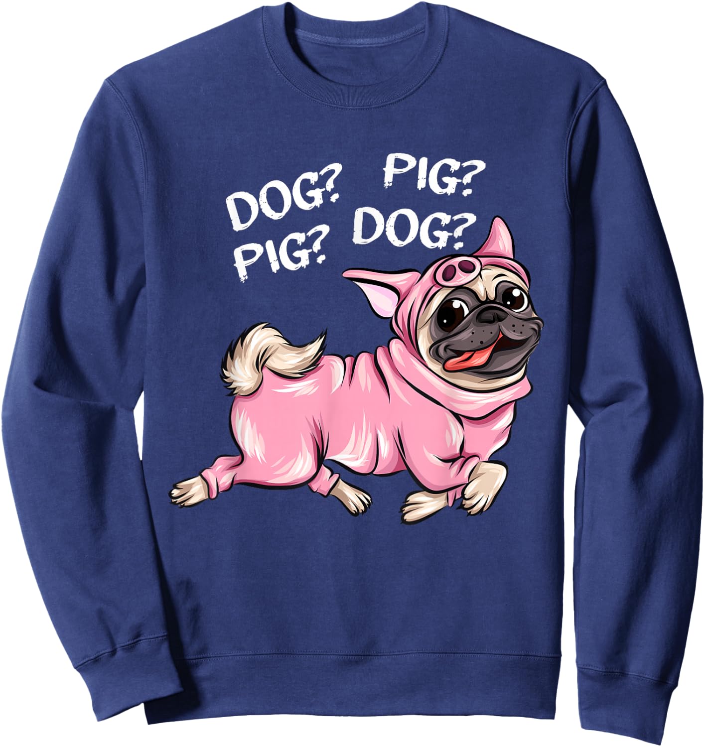 Cute Dog Pug Pig Apparel -Adults Black Dog Pig Pug Both Funny Connection of Animal Connected Sweatshirt - Sweatshirt | Navy