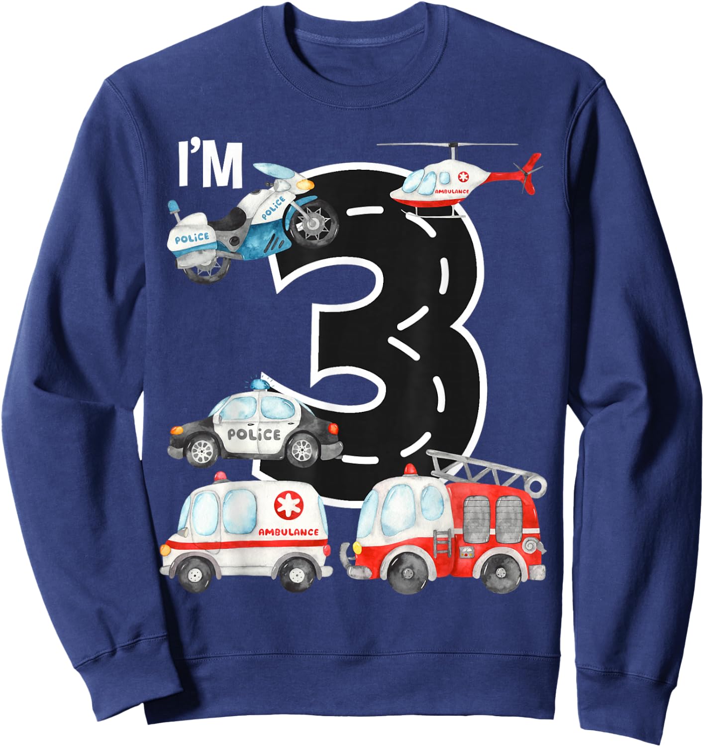 Emergency Vehicles 3rd Birthday Fire Truck Police Car Boys Sweatshirt - Sweatshirt | Navy