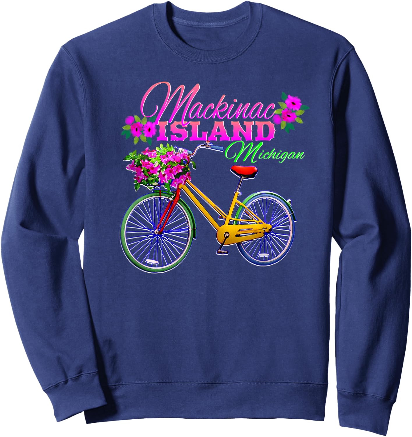 Mackinac Island Michigan Gift Vintage Bike Flowers Sweatshirt - Sweatshirt | Navy