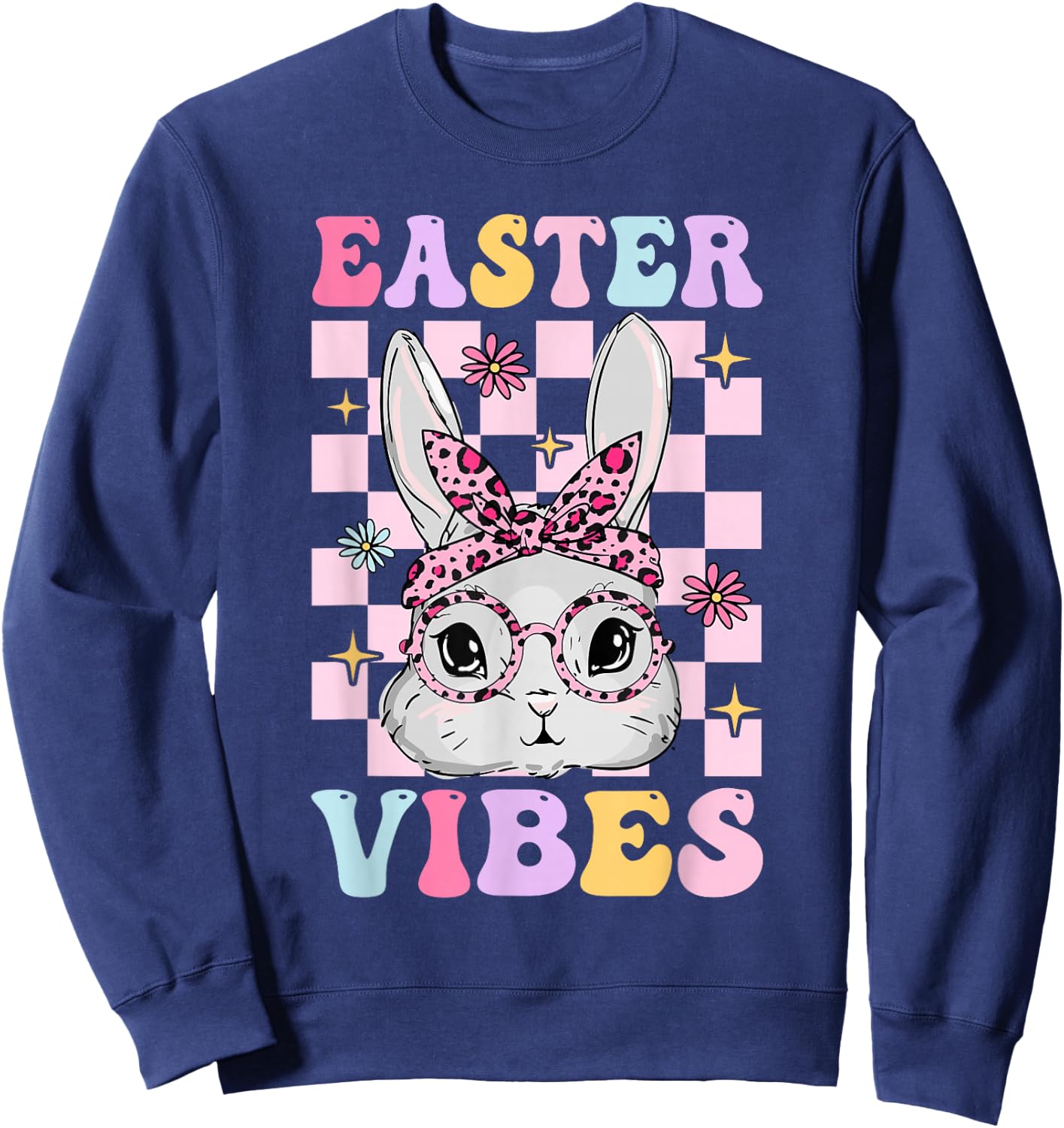Retro Groovy Easter Vibes Bunny Checkered For Girls Sweatshirt - Sweatshirt | Navy