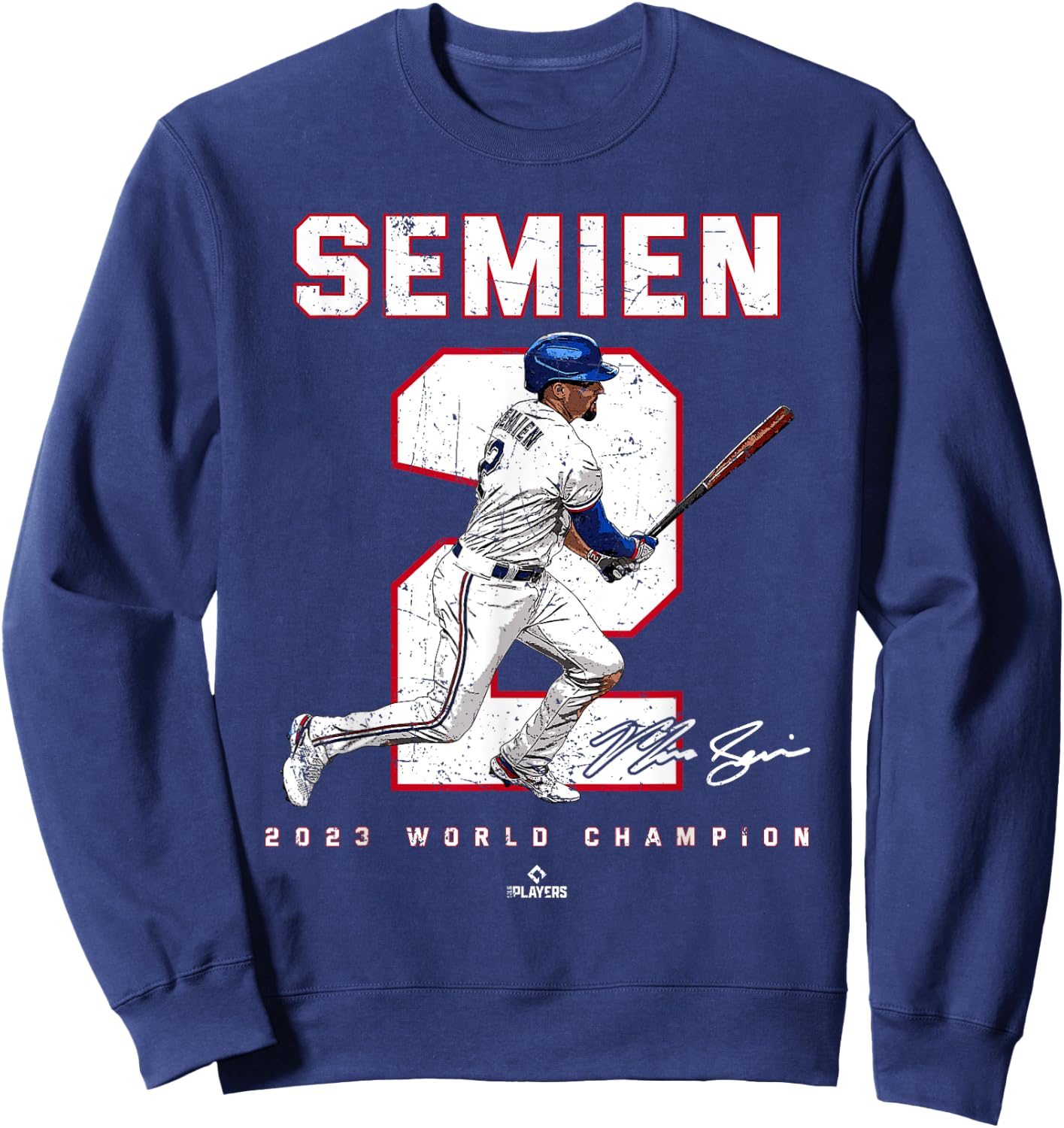 Player Number 2023 World Champion Marcus Semien Texas MLBPA Sweatshirt - Sweatshirt | Navy