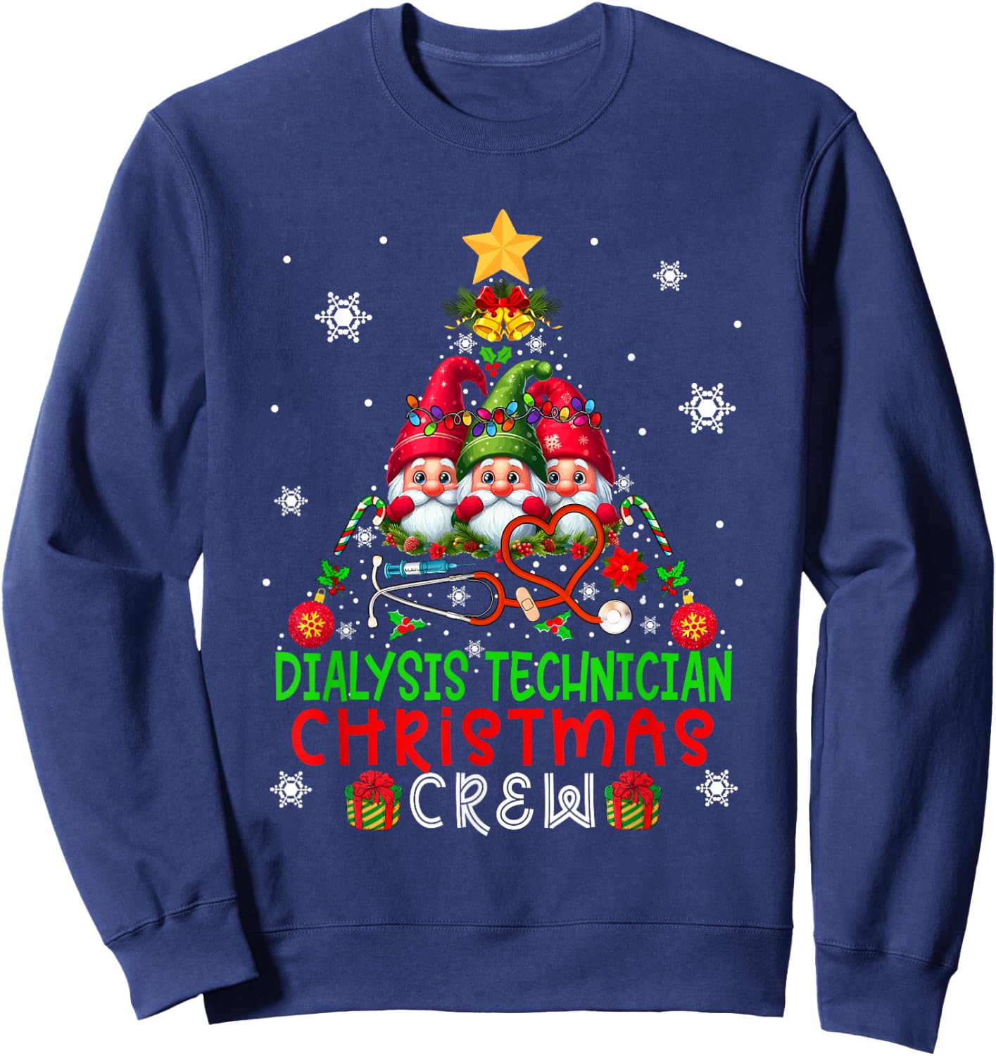 Dialysis Technician Christmas Crew Three Gnomes Xmas Tree Sweatshirt - Sweatshirt | Navy