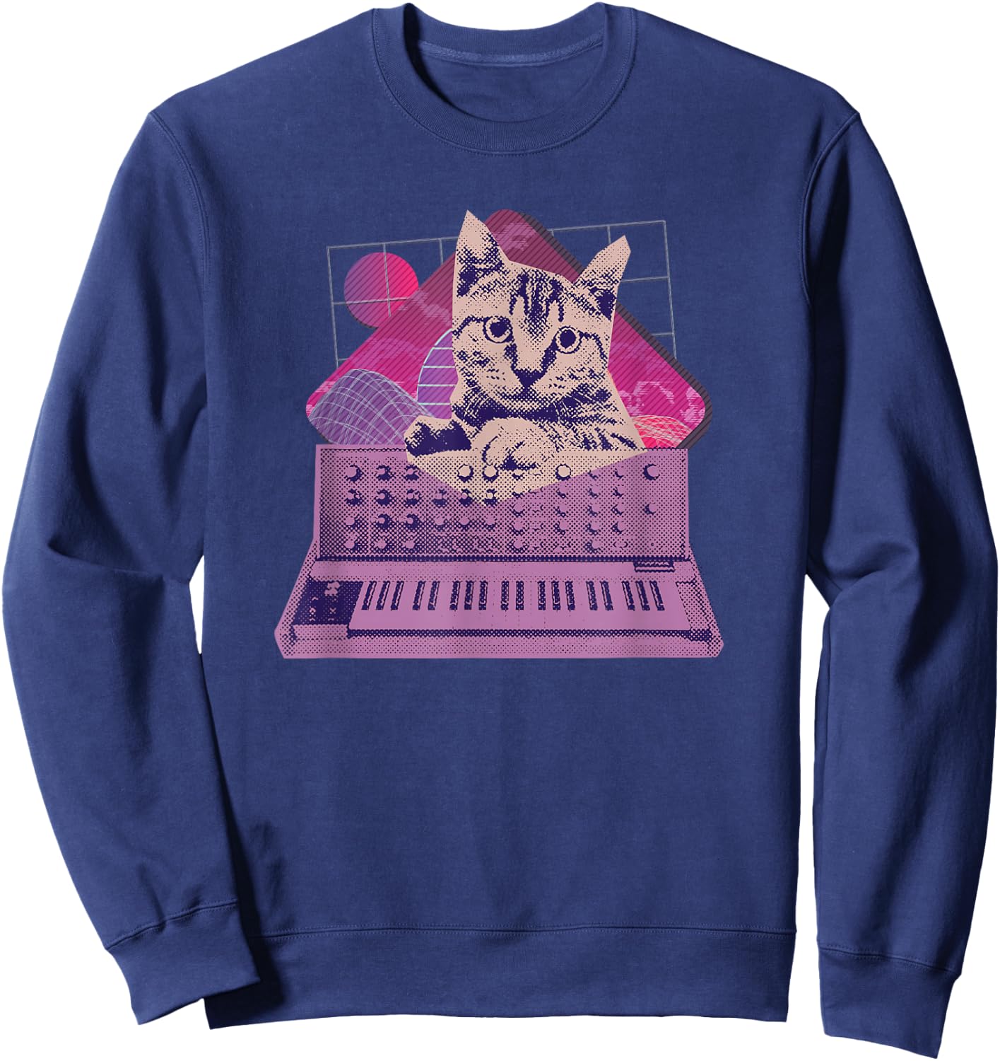 Retro Synthesizer Cat Vaporwave Aesthetic Analog Sweatshirt - Sweatshirt | Navy