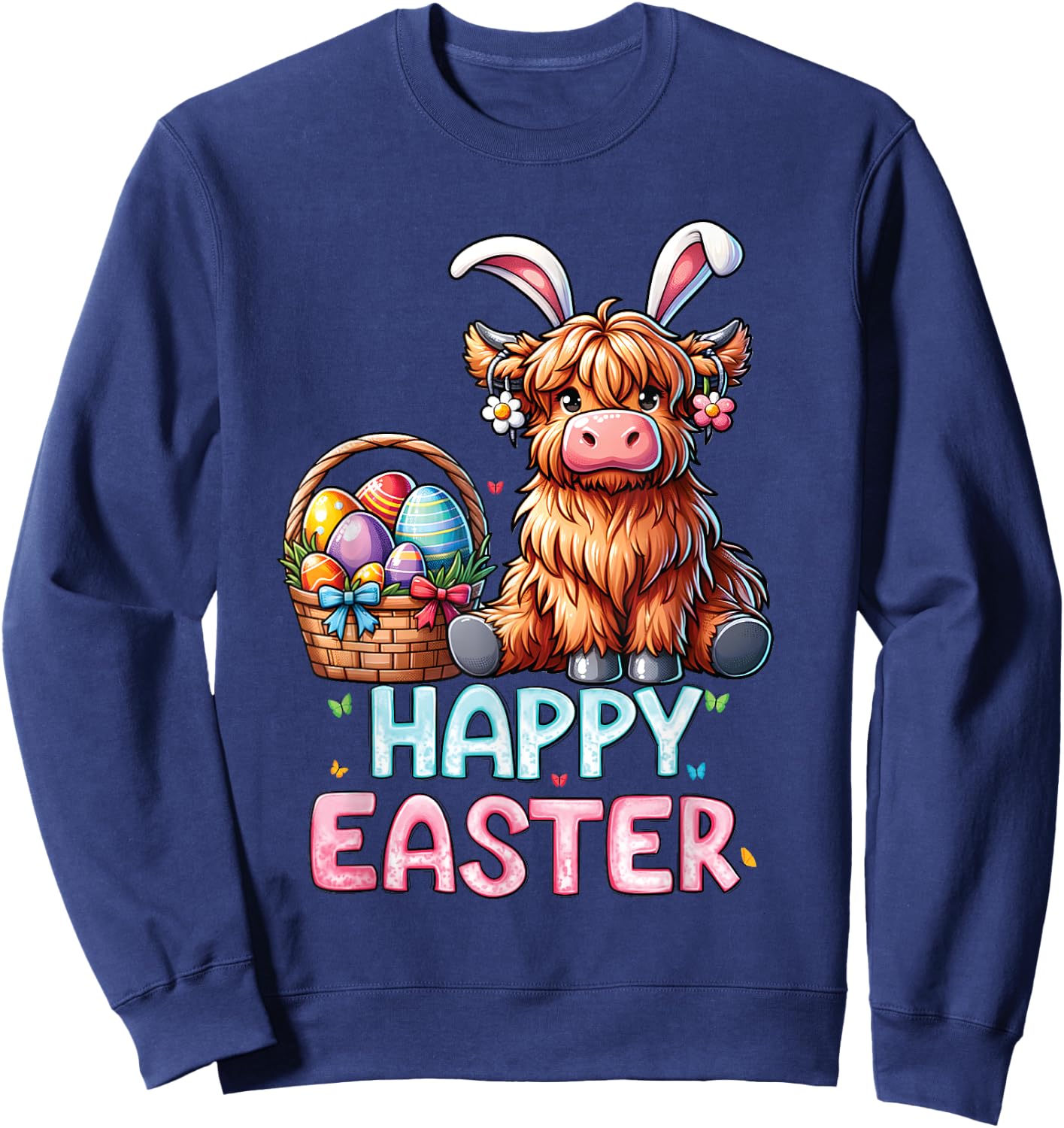 Happy Easter Day Highland Cow Cute Easter Bunny Women Kids Sweatshirt - Sweatshirt | Navy