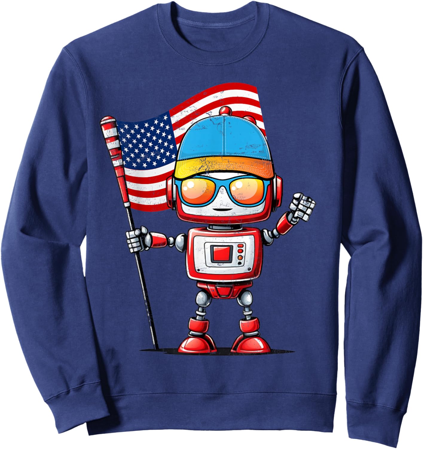 Funny Robot 4th Of July American USA Flag Robotics Kids Boys Sweatshirt - Sweatshirt | Navy