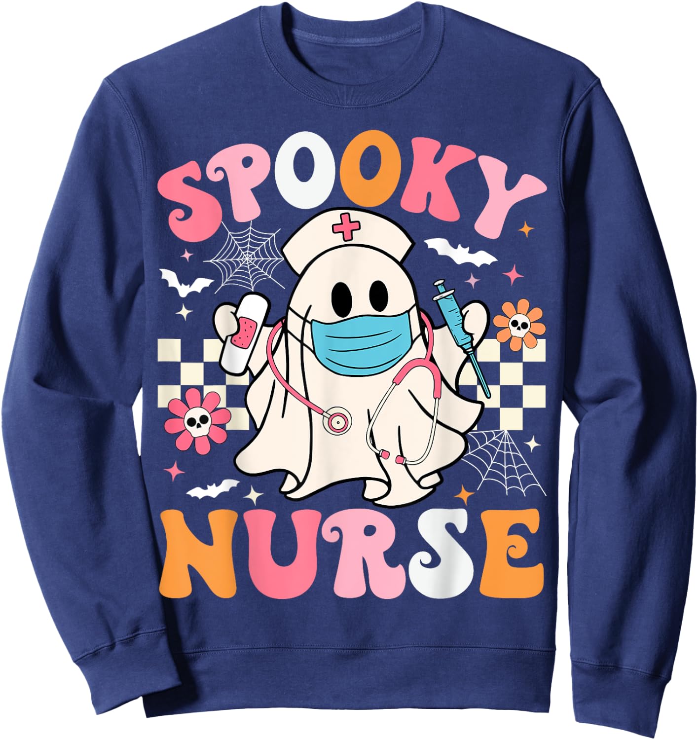 Spooky Nurse Ghost Halloween Cute Groovy Nursing Halloween Sweatshirt - Sweatshirt | Navy