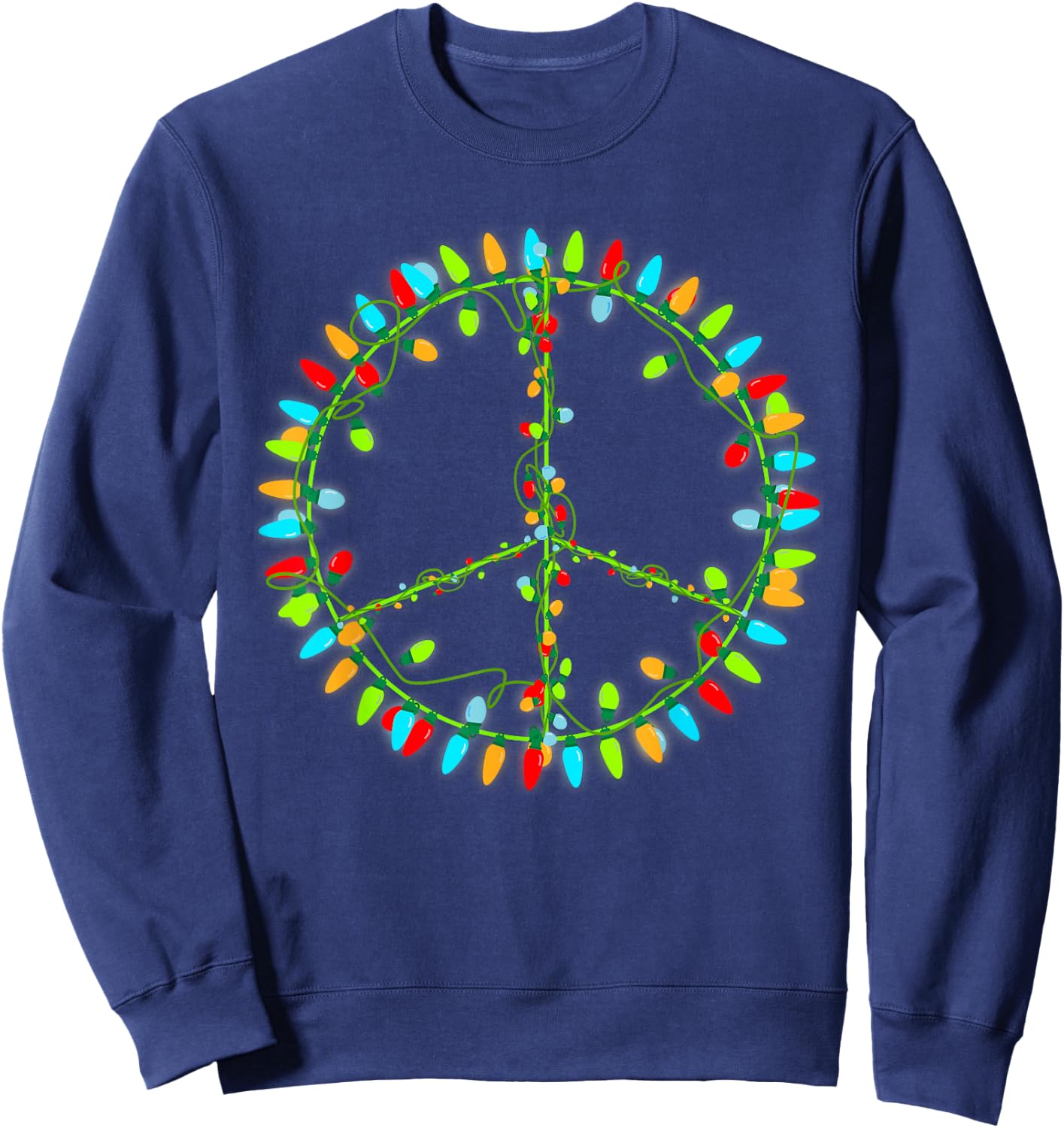 Christmas Lights Peace Sign Retro Hippie Happy Holidays Sweatshirt - Sweatshirt | Navy