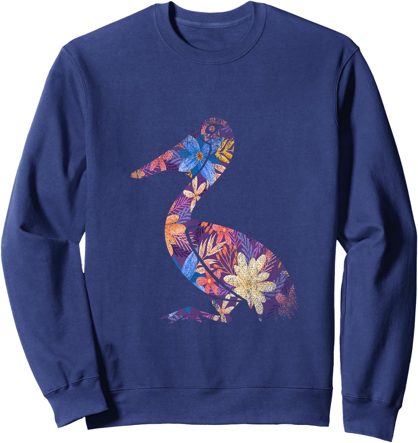 Water Bird Design Pelican Beak Floral Pelican - -Adults - Black - Small - Short Sleeve - Classic Fit - Cotton 65%, Polyester 35% Sweatshirt - Sweatshirt | Navy