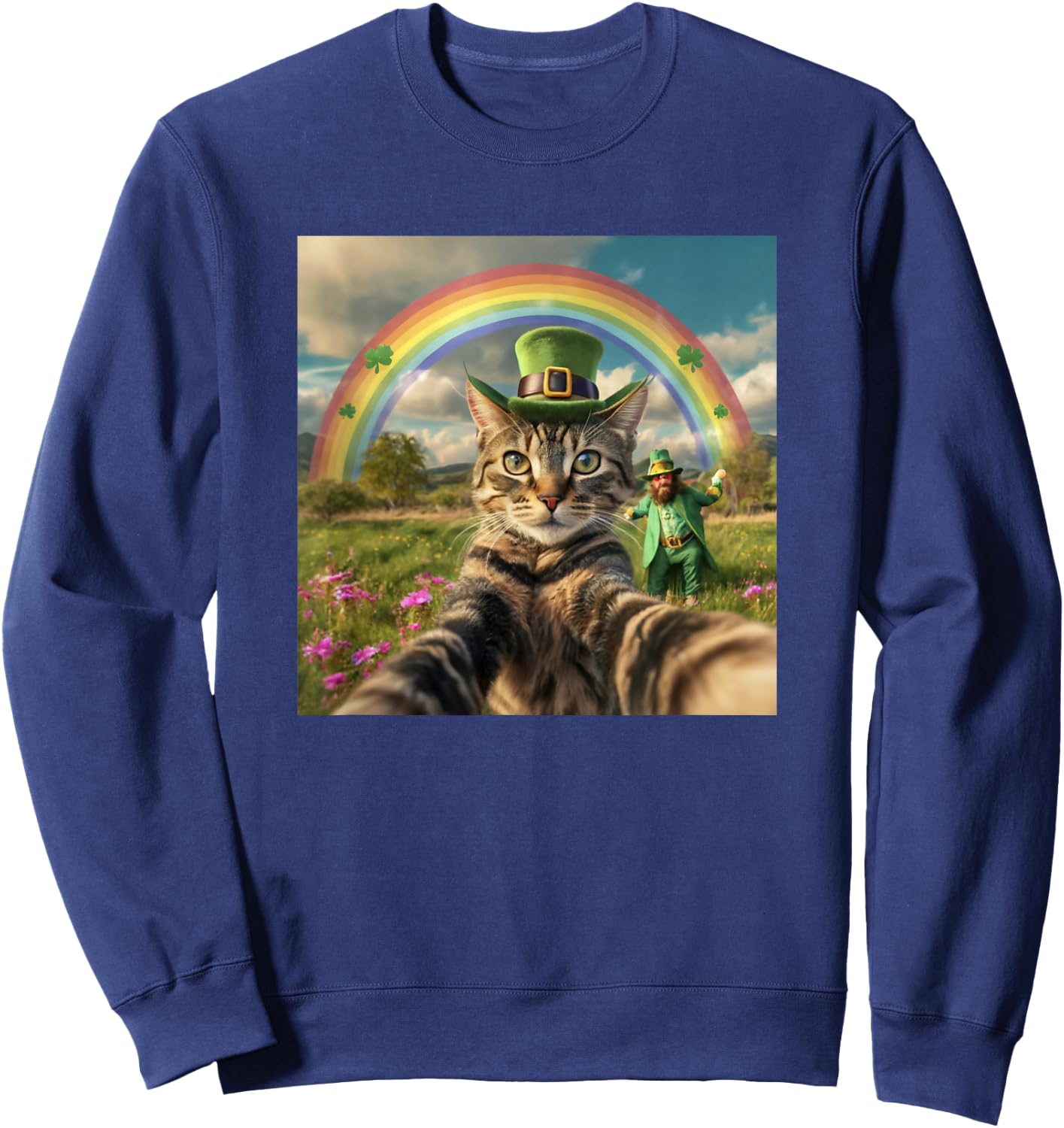 St Patrick's Day Cat Selfie with Leprechaun Funny Photo Sweatshirt - Sweatshirt | Navy