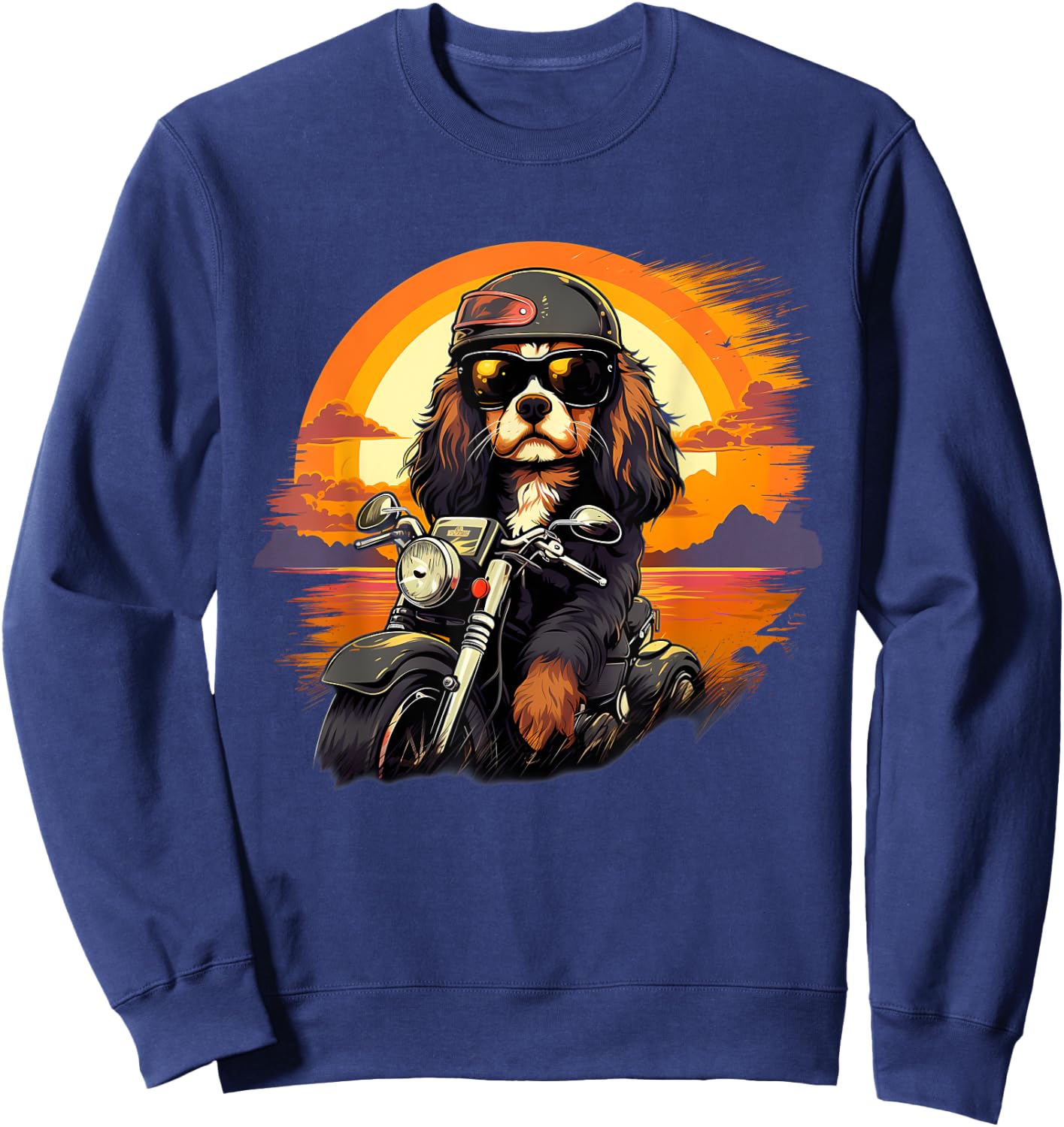 Biker Cavalier King Charles Spaniel Dog Riding Motorcycle Sweatshirt - Sweatshirt | Navy