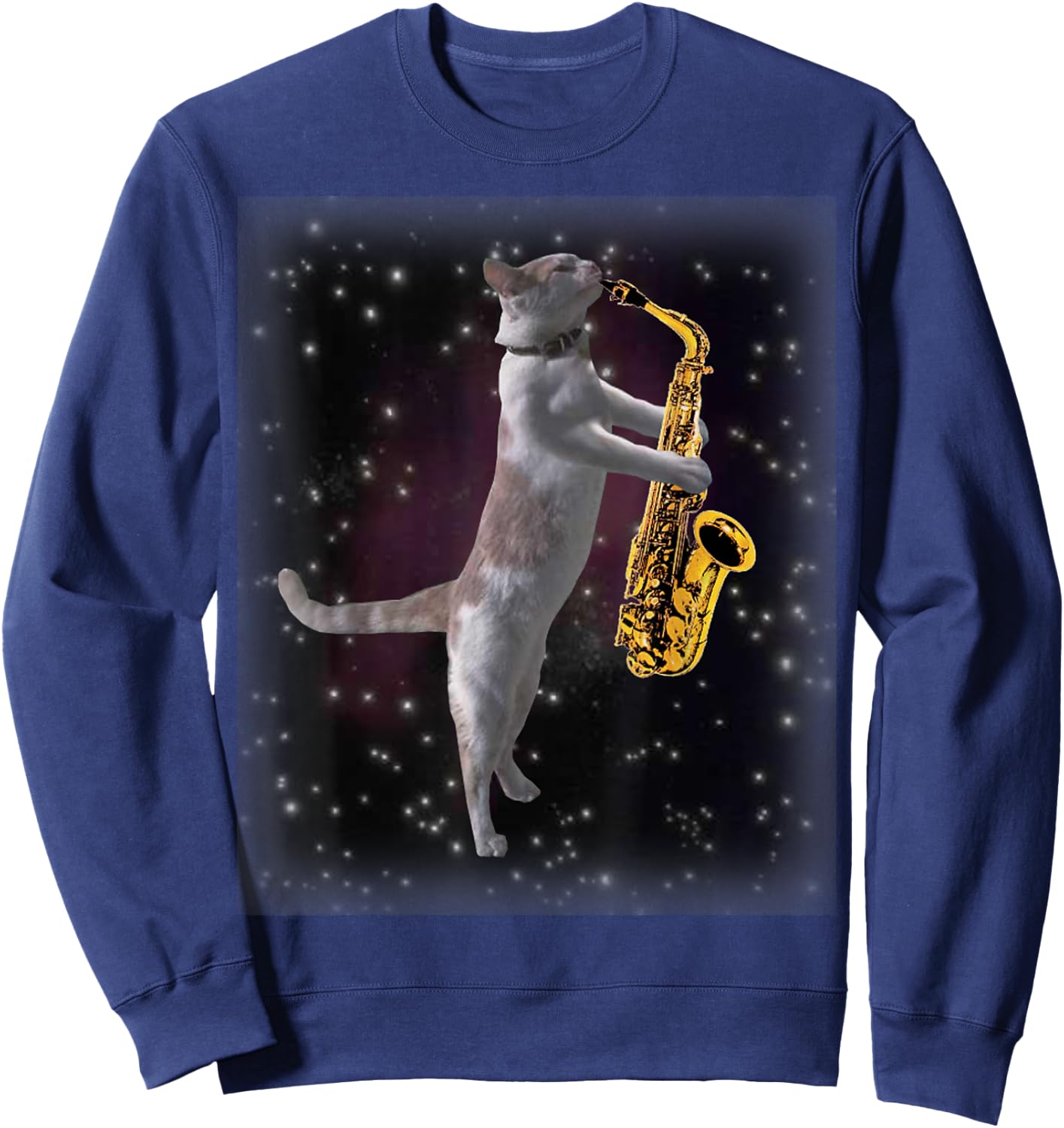 Cat Playing Saxophone | Cats In Space With Sax Sweatshirt - Sweatshirt | Navy