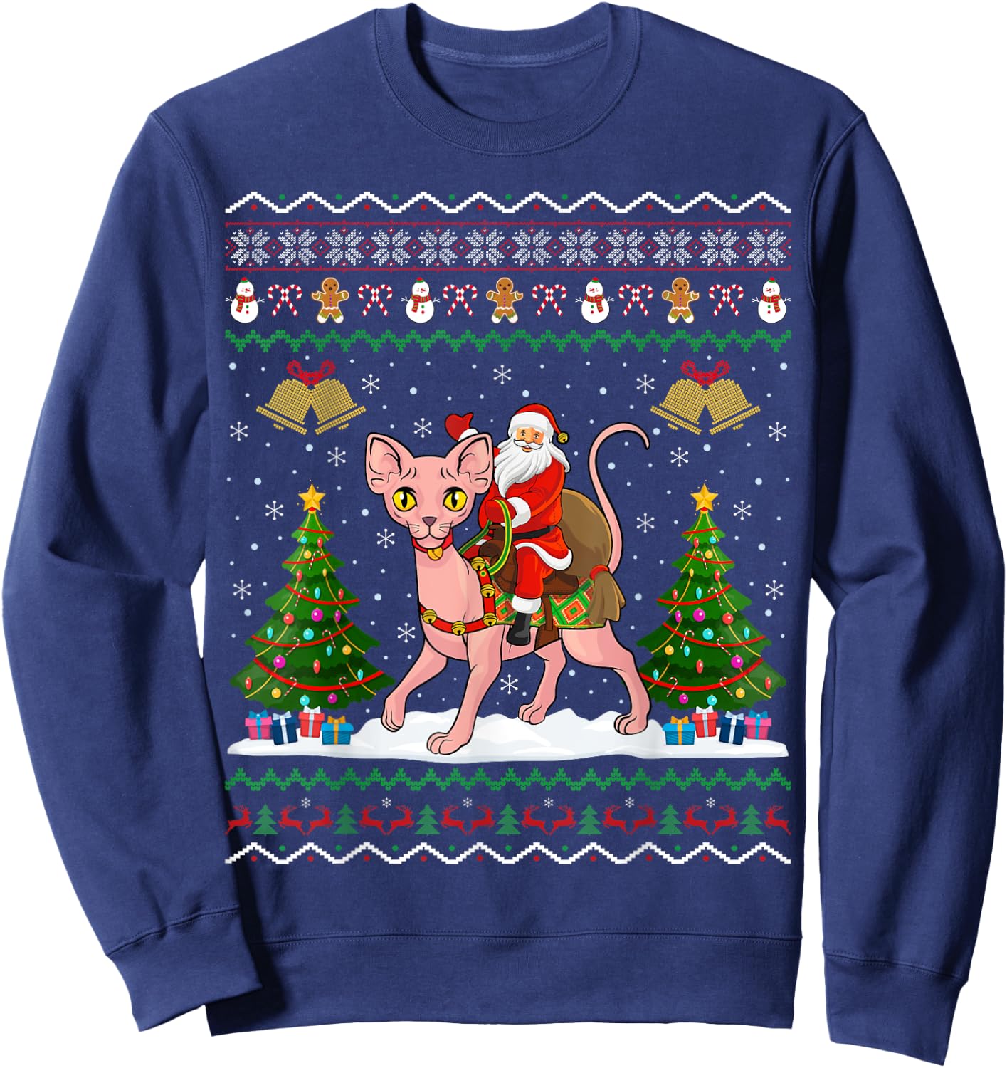 Ugly Sphynx Cat Xmas Gift Santa Riding Sphynx Cat Christmas Women Kids Sweatshirt - Sweatshirt | Navy