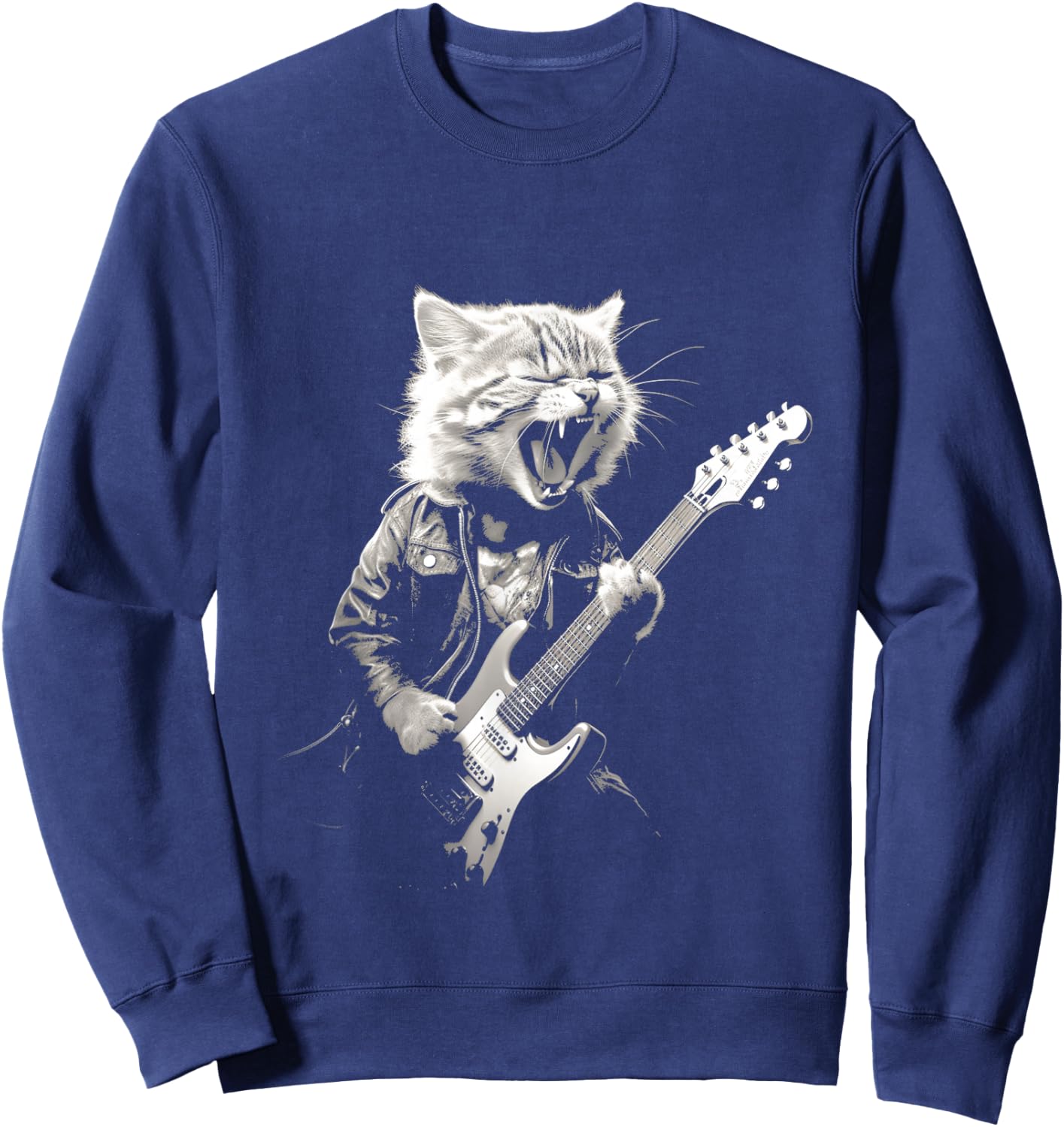 Rock Cat Playing Guitar Funny Guitar Cat Design Sweatshirt - Sweatshirt | Navy