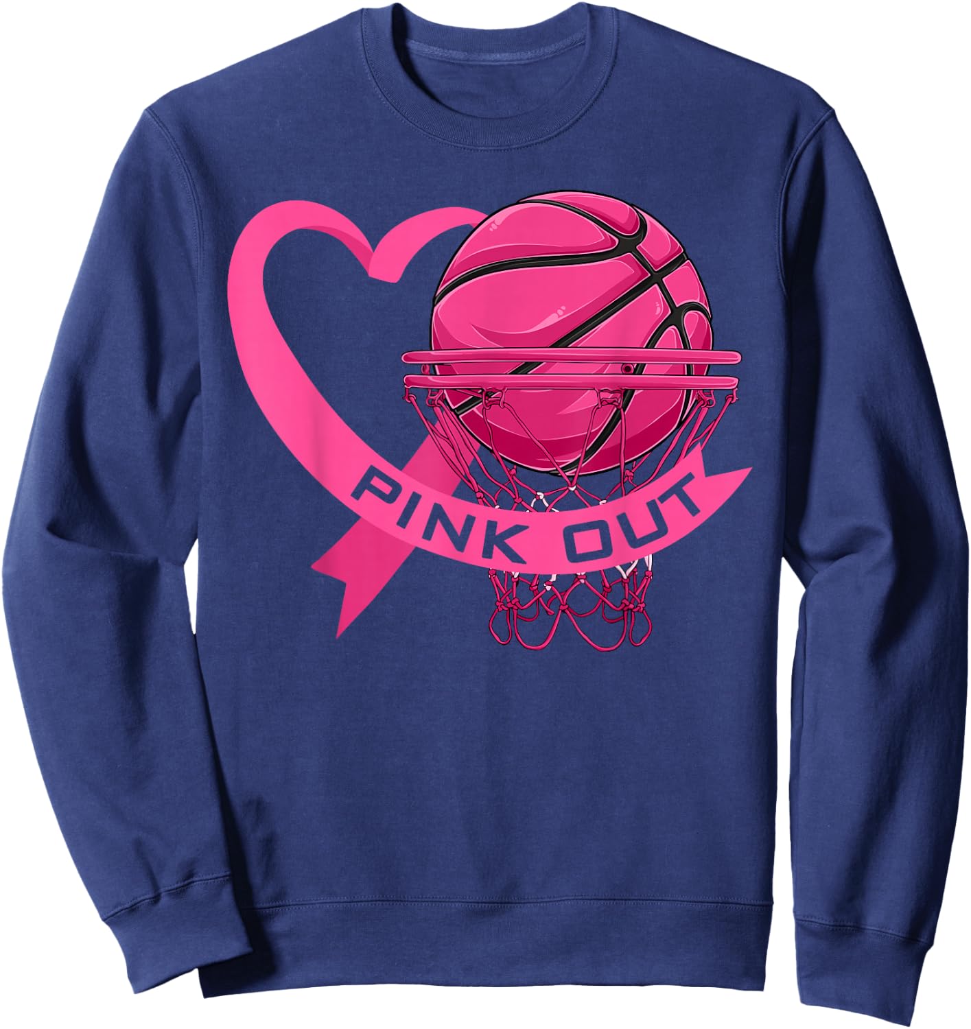 Pink Out Breast Cancer Pink Ribbon Heart & Basketball Ball Sweatshirt - Sweatshirt | Navy