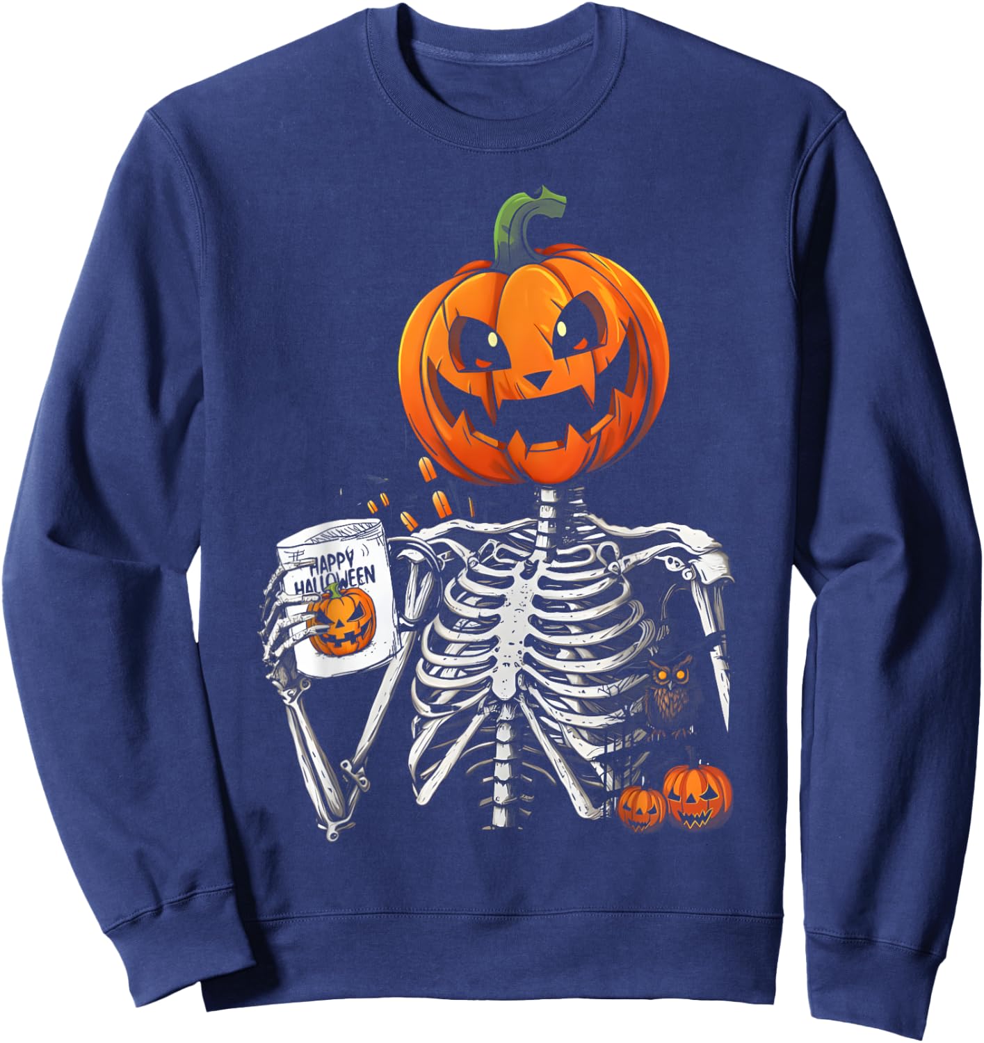 Coffee Drinking Skeleton Pumpkin Halloween Costume Women Men Sweatshirt - Sweatshirt | Navy