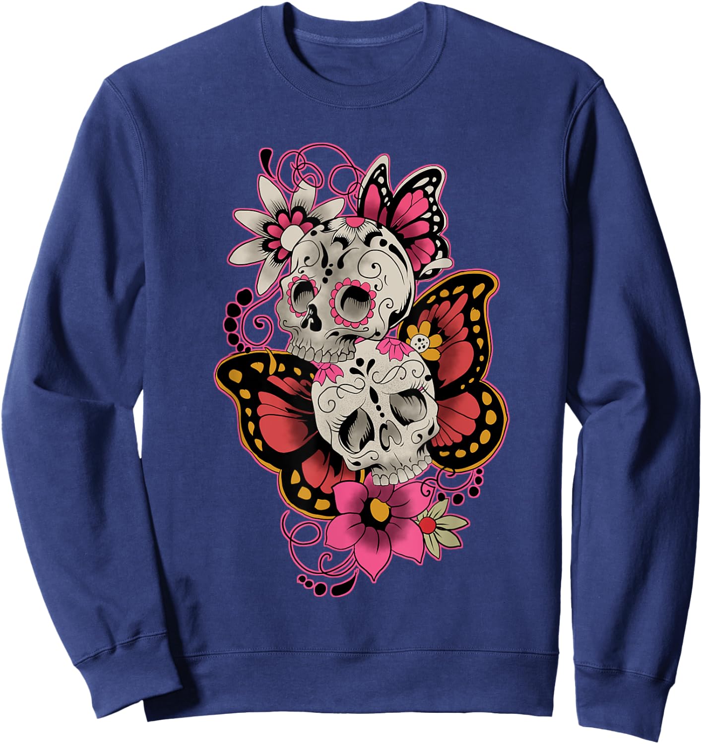 Sugar Skull Butterfly Flowers Day Of The Dead Men Women Sweatshirt - Sweatshirt | Navy