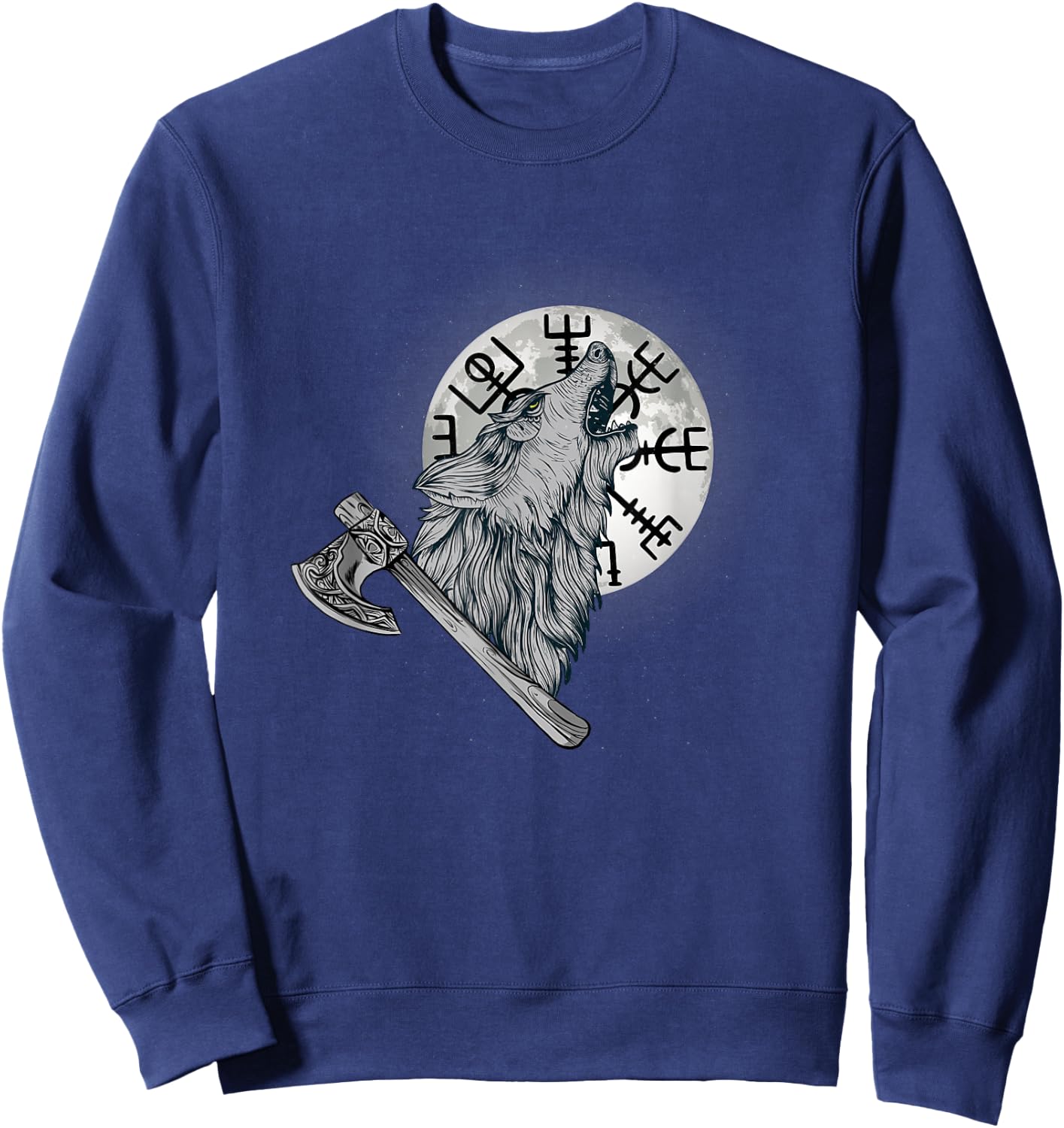 Wolf howls at the moon and Viking compass, Viking Sweatshirt - Sweatshirt | Navy