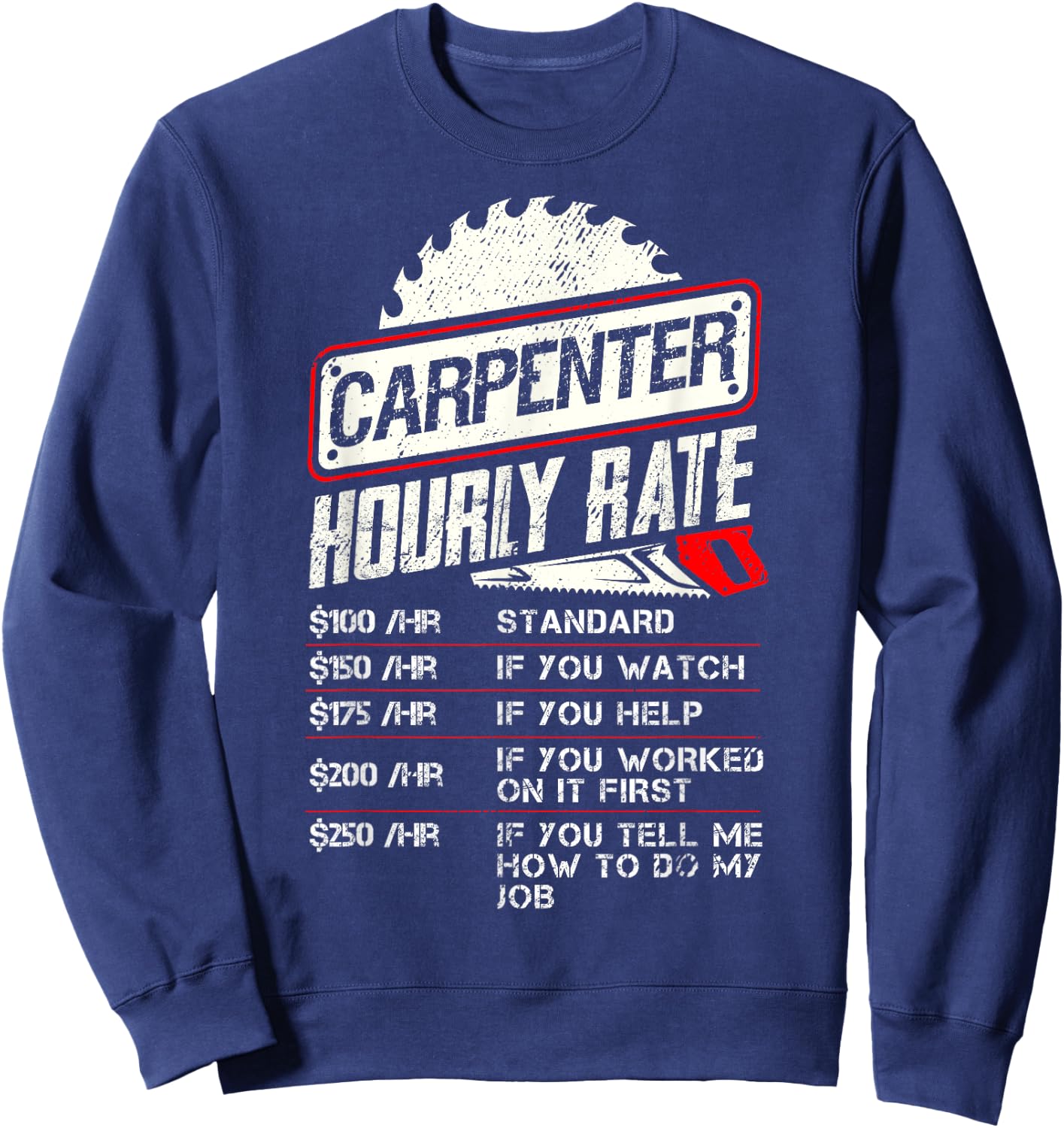 Carpenter Hourly Rate Funny Woodworking Men Labor Rates Sweatshirt - Sweatshirt | Navy