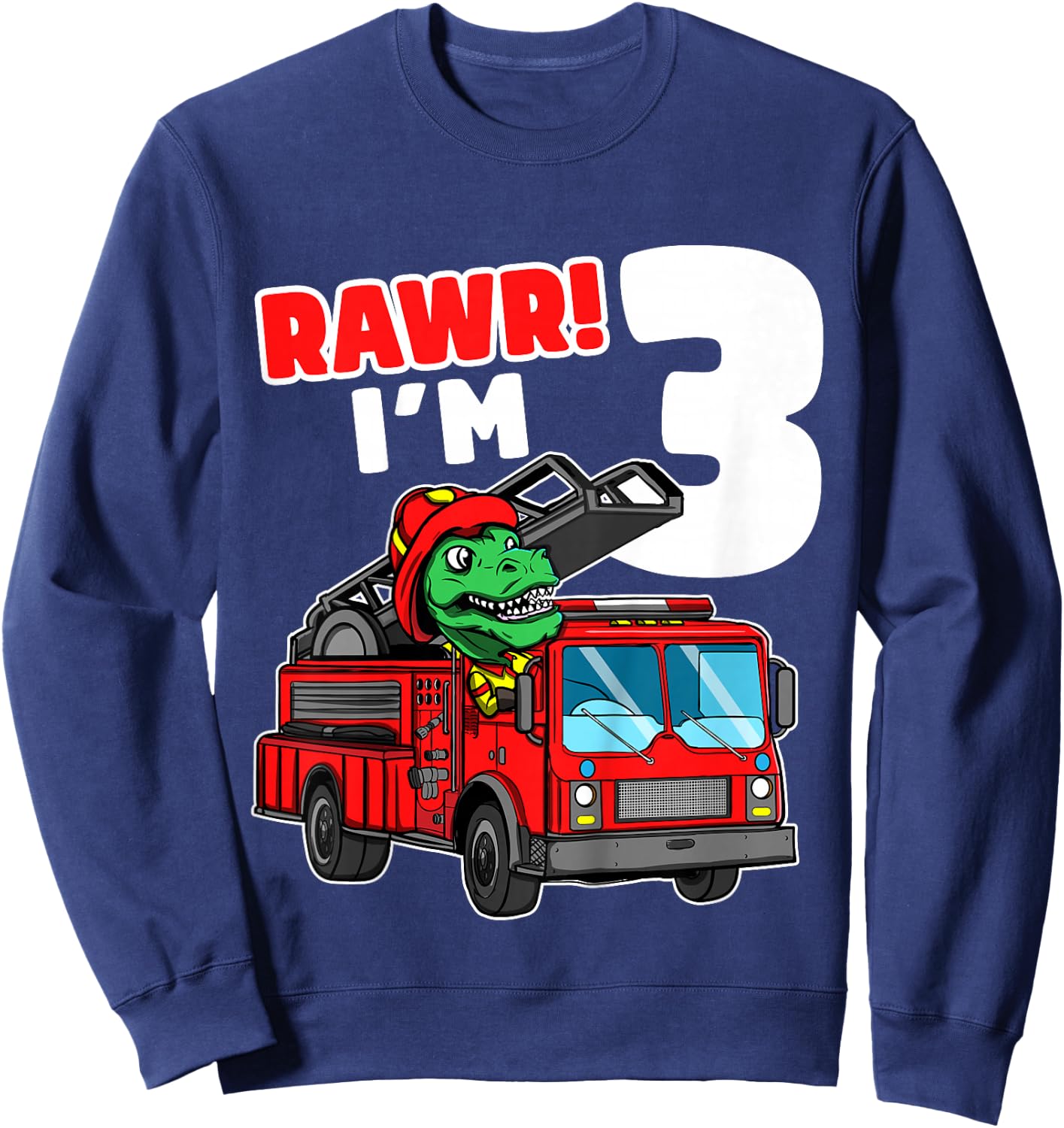 Kids Dinosaur Fire Truck 3rd Birthday Boy 3 T-Rex Firefighter Sweatshirt - Sweatshirt | Navy