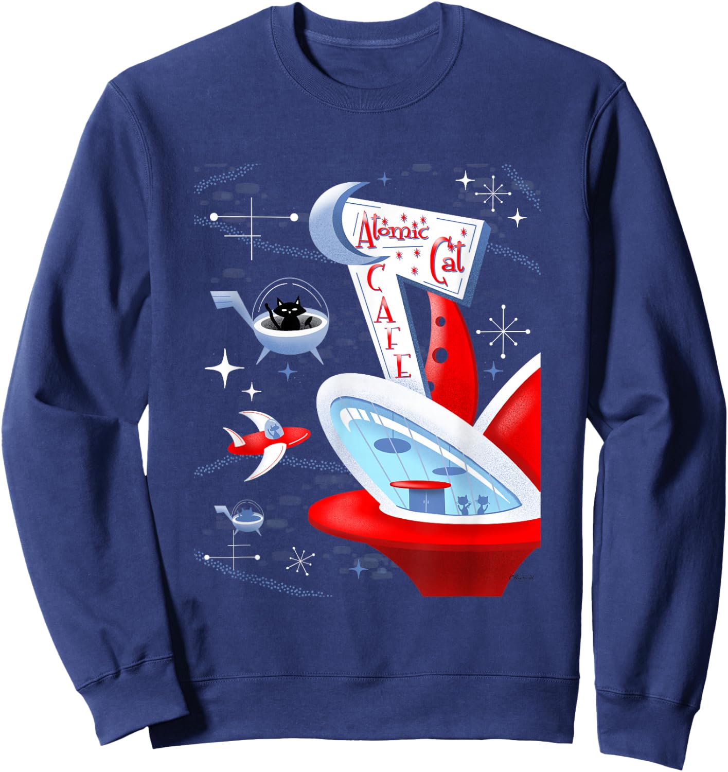 Funny Atomic Cat Cafe Retro Futuristic Spaceport Mid Century Sweatshirt - Sweatshirt | Navy