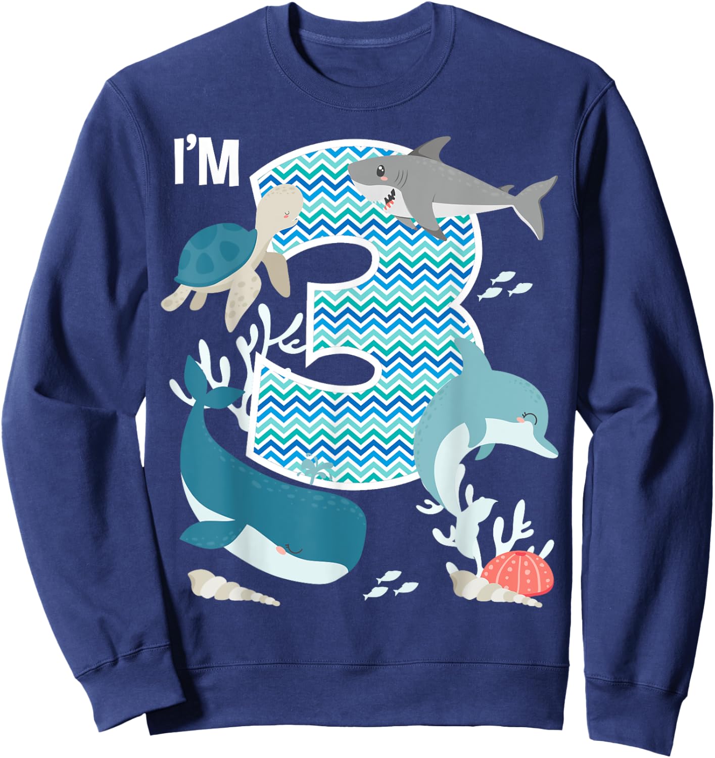 Kids 3 Year Old Ocean Life Whale Dolphin Shark 3rd Birthday Sweatshirt - Sweatshirt | Navy