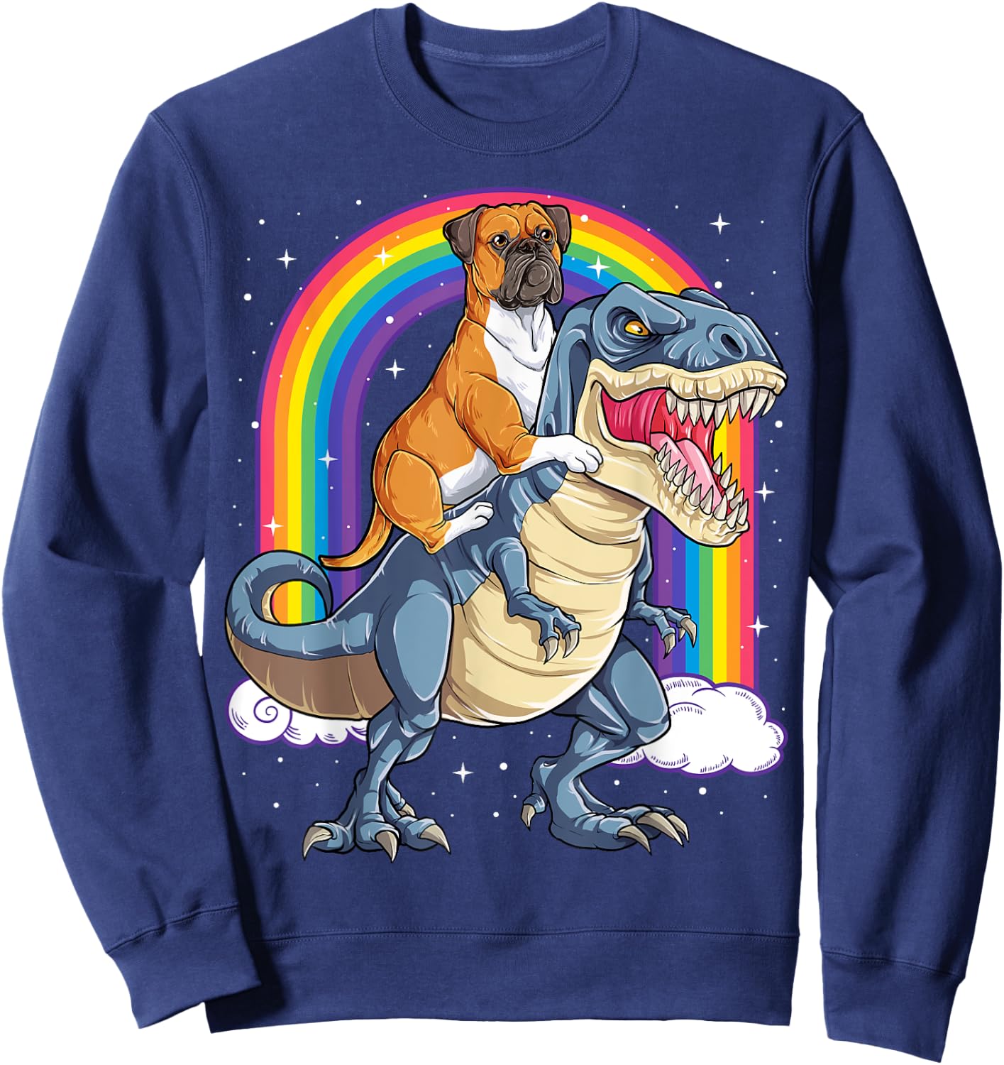 Boxer Riding Dinosaur T-rex Gift Dog Lover Boys Kids Rainbow Sweatshirt - Sweatshirt | Navy