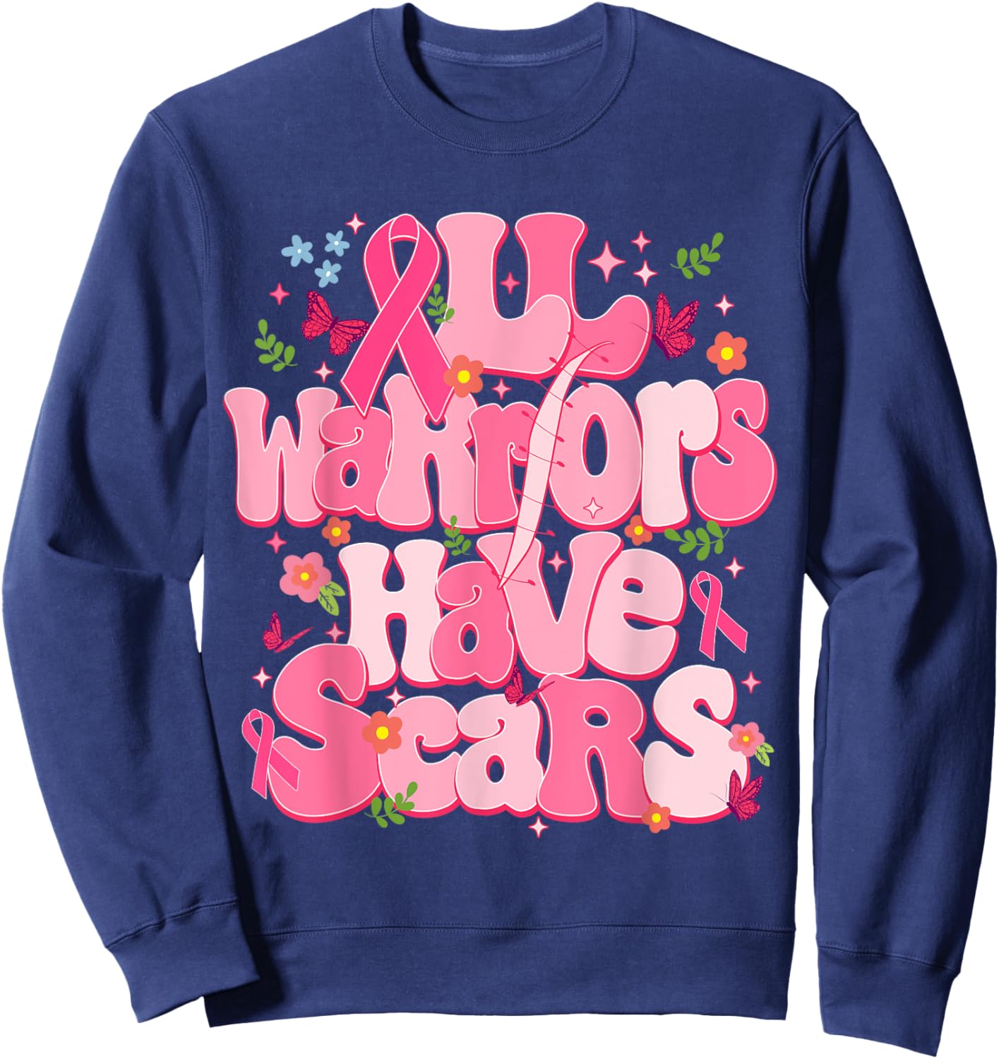 All Warriors Have Scars Pink Ribbon Breast Cancer Awareness Sweatshirt - Sweatshirt | Navy