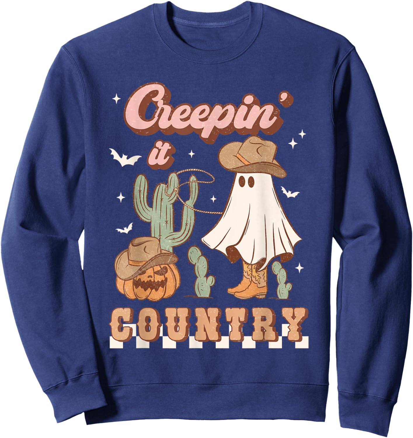 Retro Halloween Cowgirl Ghost Western Creepin' It Country Sweatshirt - Sweatshirt | Navy