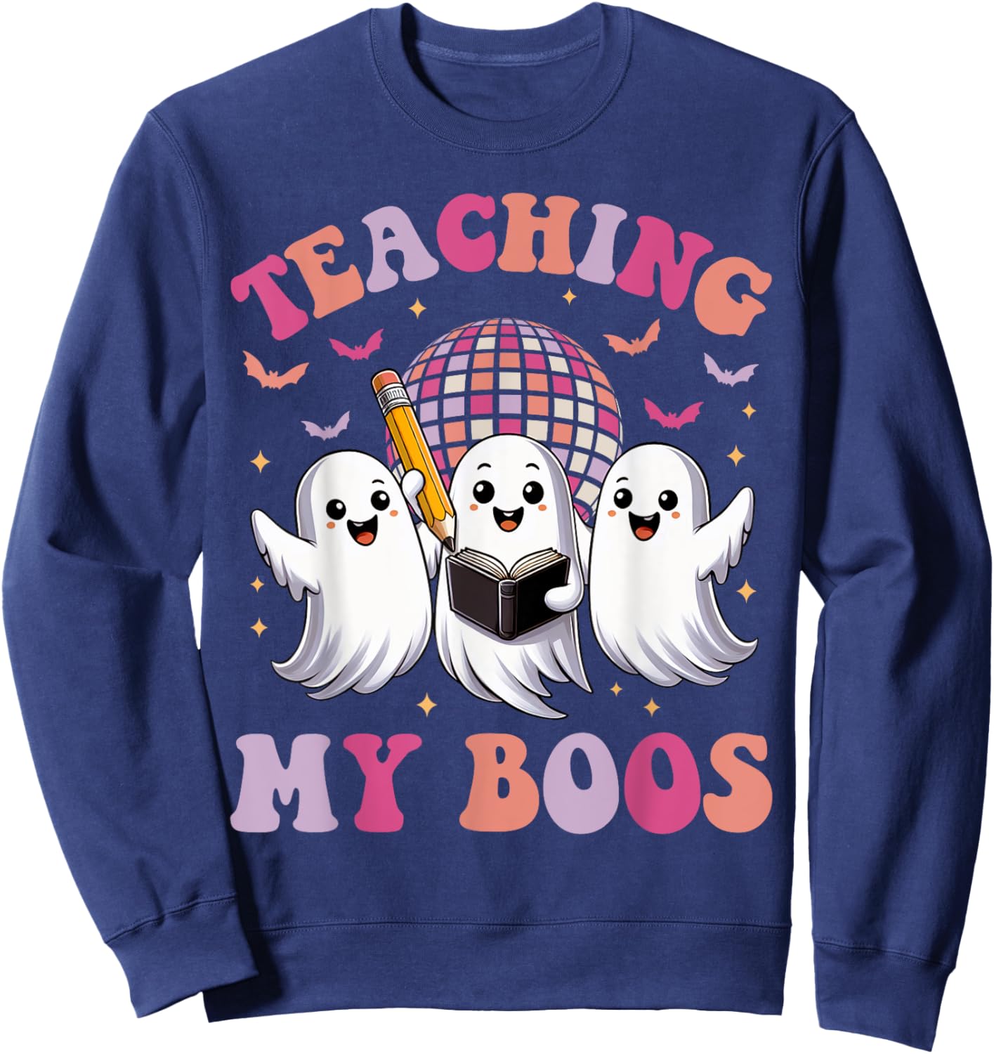 Groovy Teaching My Boos Crew Funny Ghost Halloween Teacher Sweatshirt - Sweatshirt | Navy