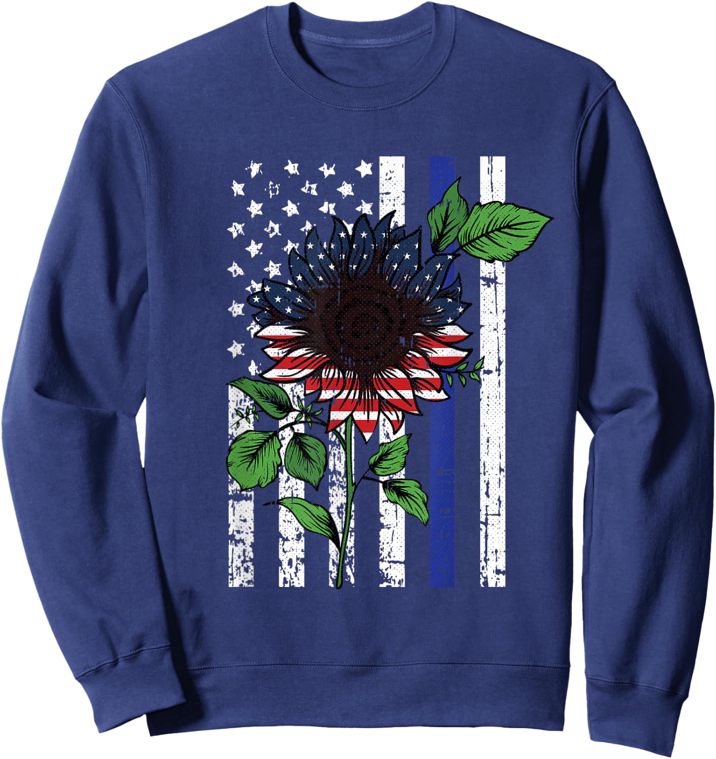 Sunflower American Flag 4th Of July Blue Line USA Police Sweatshirt - Sweatshirt | Navy