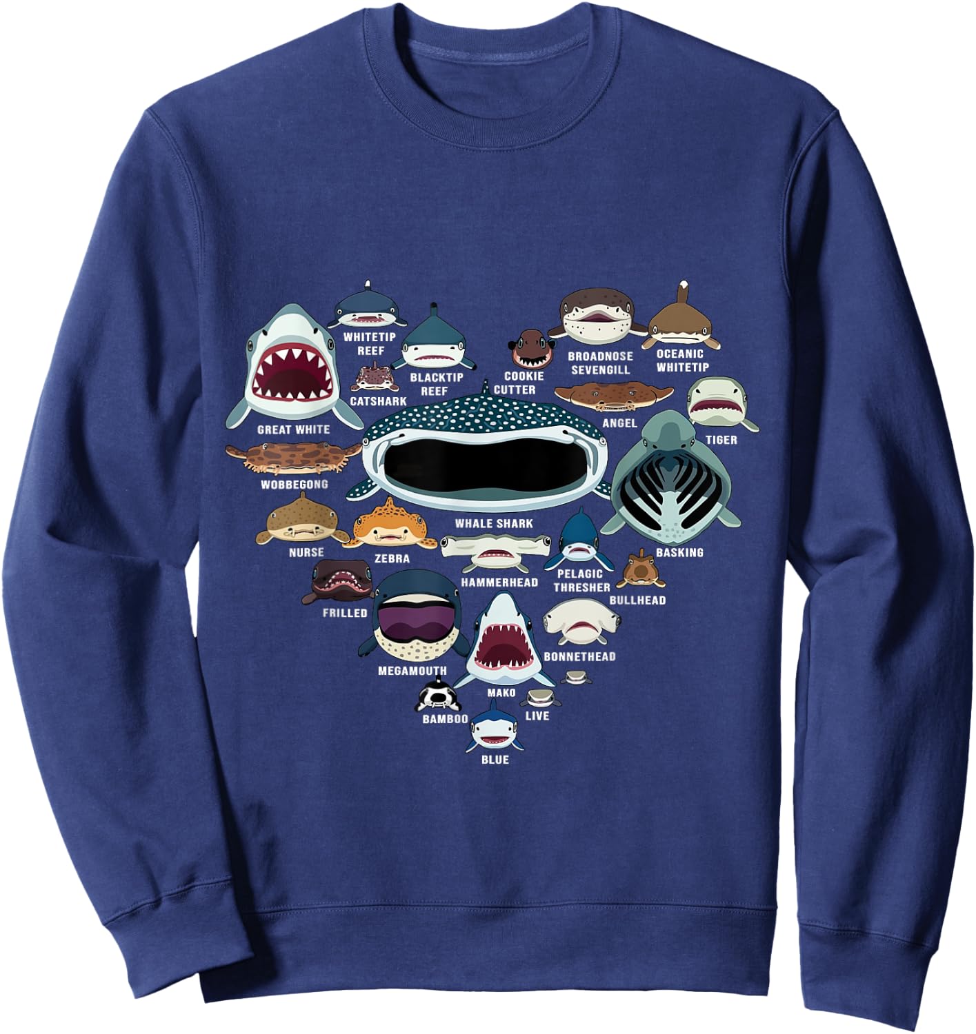Types Of Shark Identification - Shark Faces - Shark Heart Sweatshirt - Sweatshirt | Navy