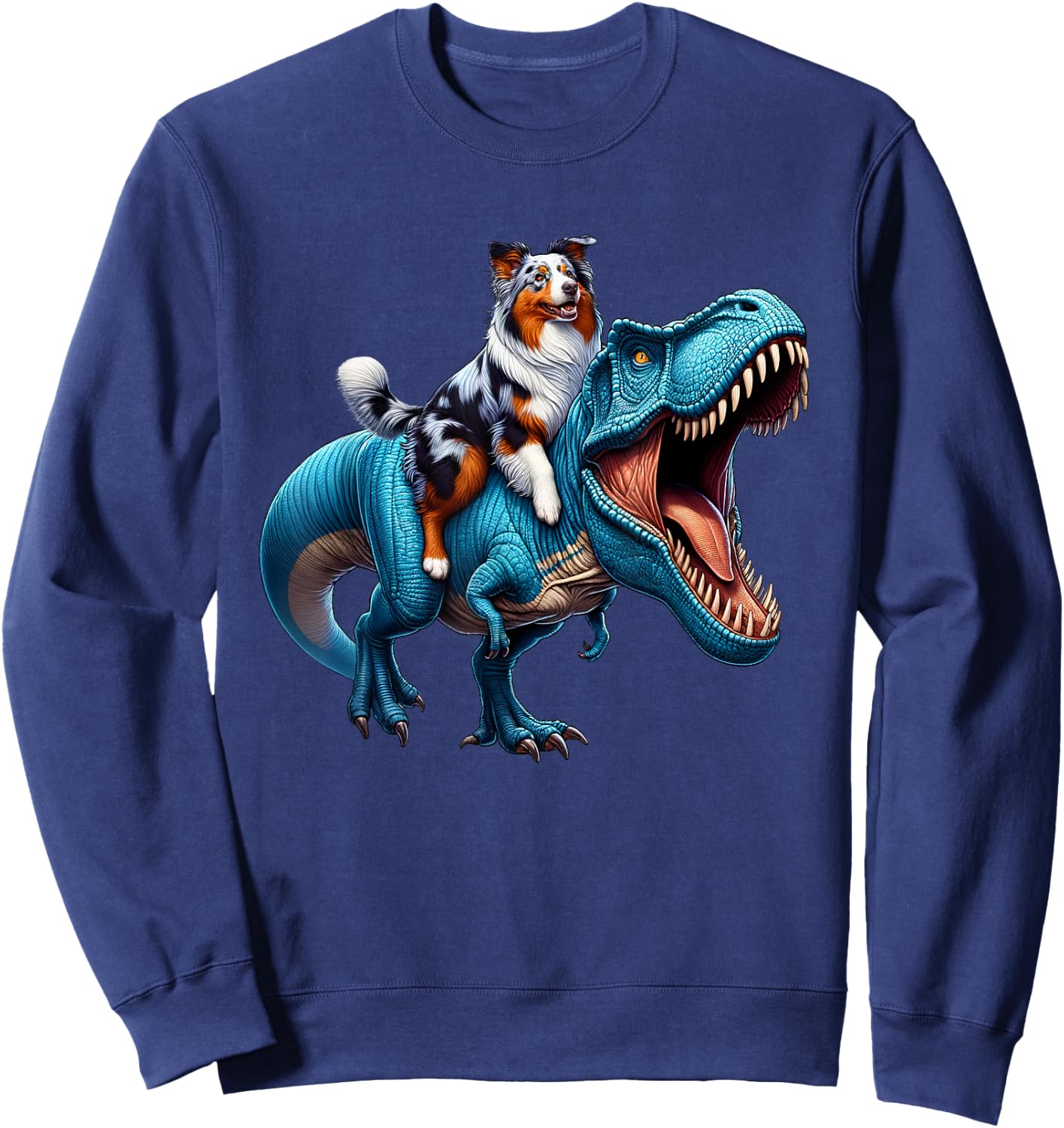 Australian Shepherd Riding T-Rex Dinosaur Funny Dog Lover Sweatshirt - Sweatshirt | Navy