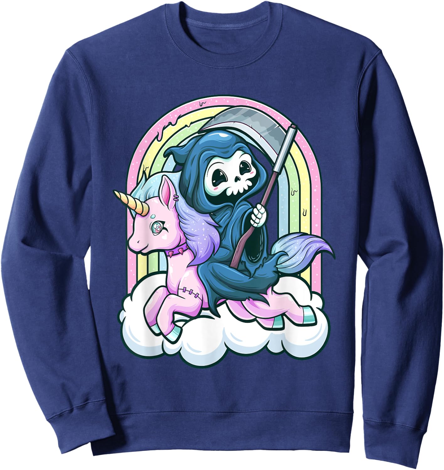 Kawaii Pastel Goth Cute Creepy Unicorn Grim Reaper Sweatshirt - Sweatshirt | Navy