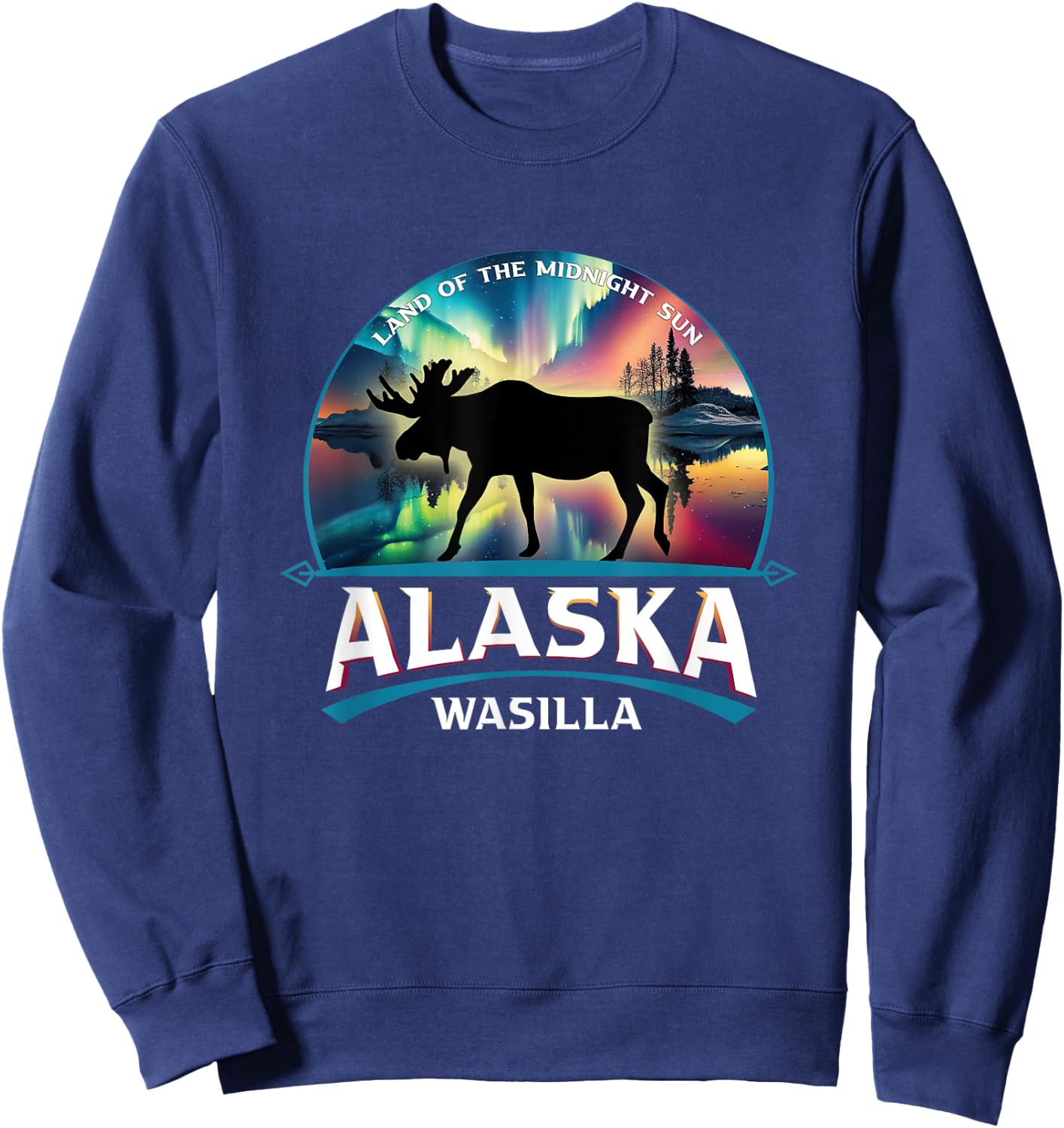 Wasilla Alaska Aurora Borealis Moose Souvenir Sweatshirt - Sweatshirt | Navy