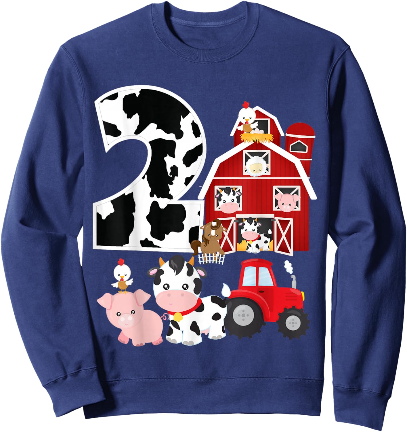 Farm Barnyard Theme Pig Cow Horse 2nd Birthday 2 Yrs Old Sweatshirt - Sweatshirt | Navy