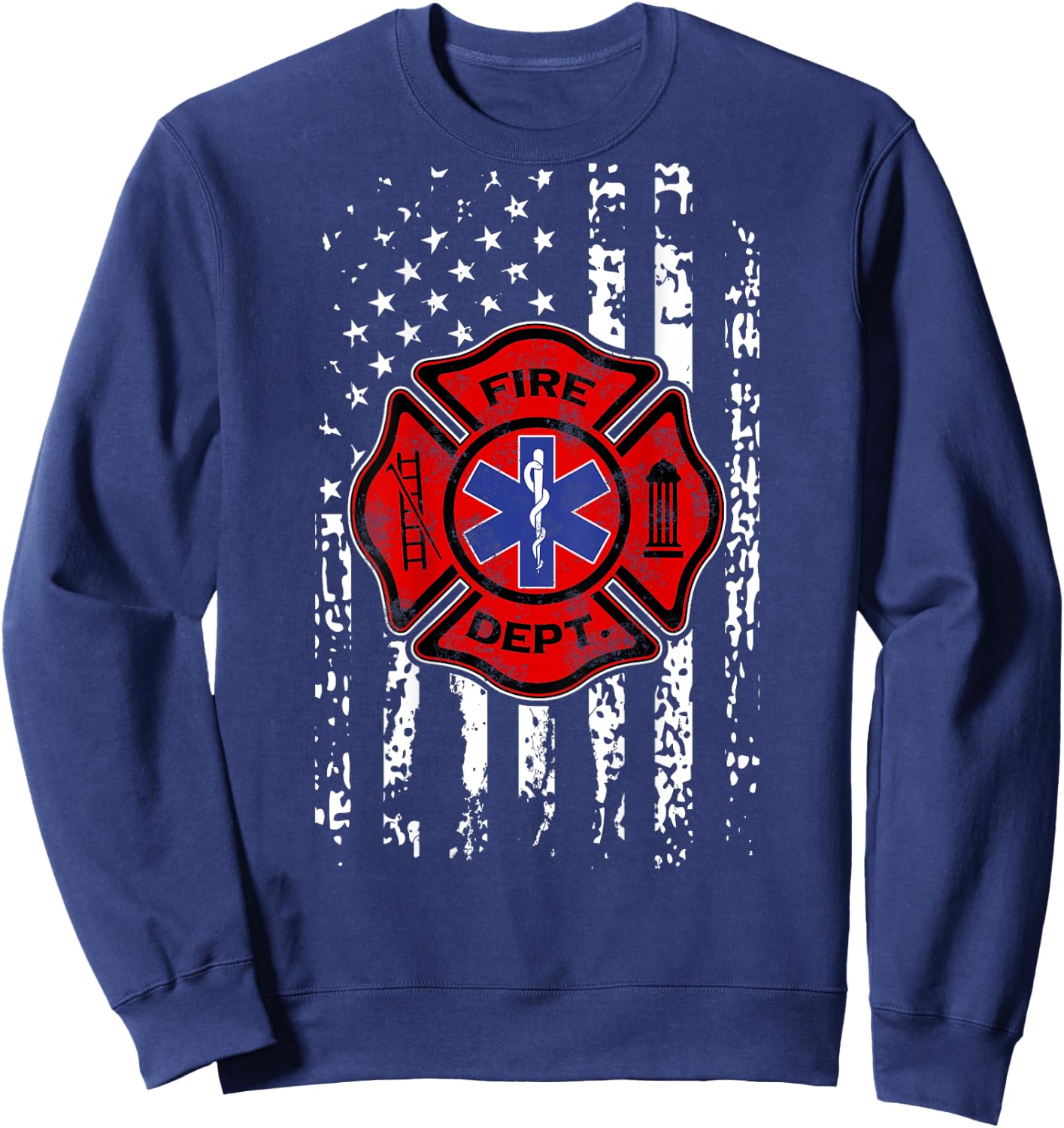EMT Firefighter Shirt Fireman EMS USA Flag Gift Back Print Sweatshirt - Sweatshirt | Navy