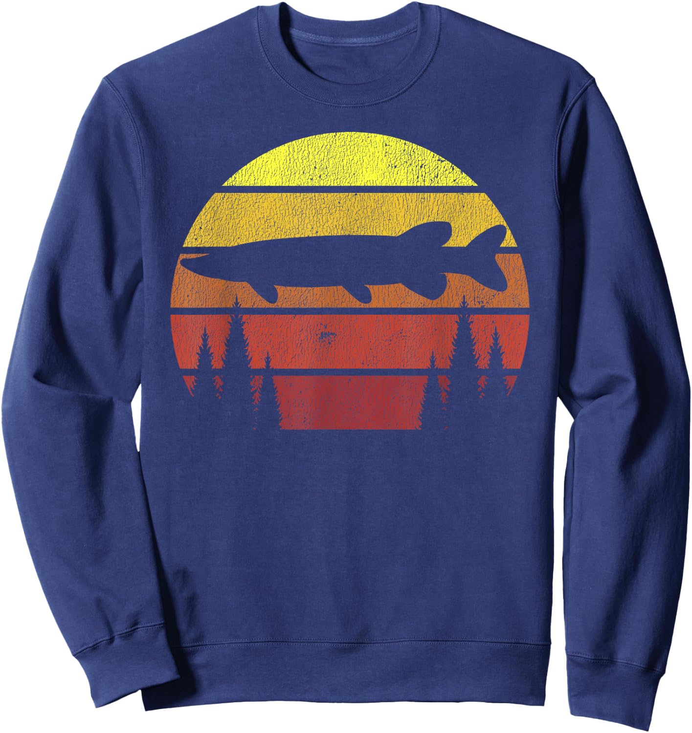 Northern Pike Retro Fishing Outline Fisherman Sweatshirt - Sweatshirt | Navy
