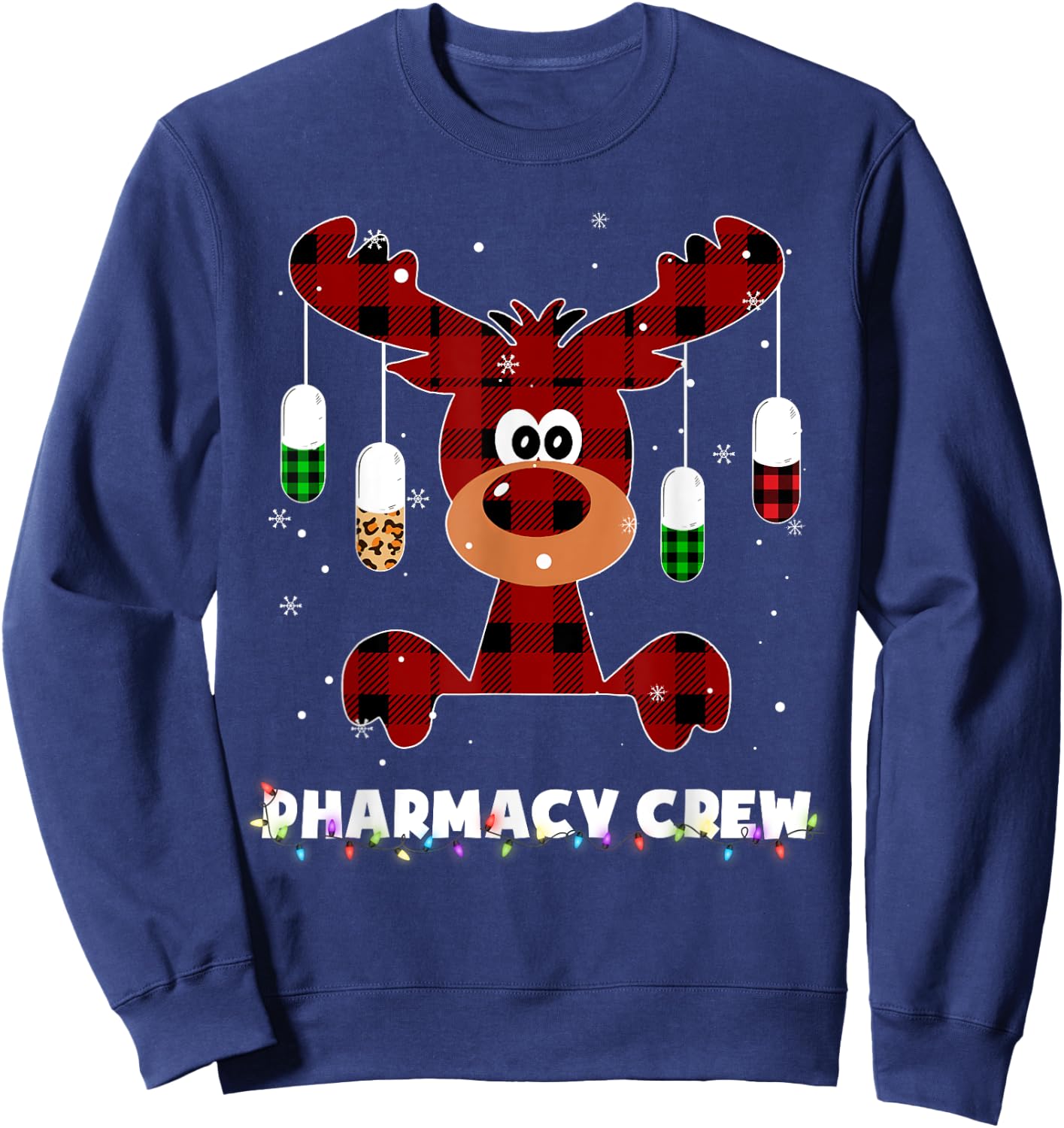 Funny Red Plaid Reindeer Pharmacy Crew Christmas Gift Sweatshirt - Sweatshirt | Navy