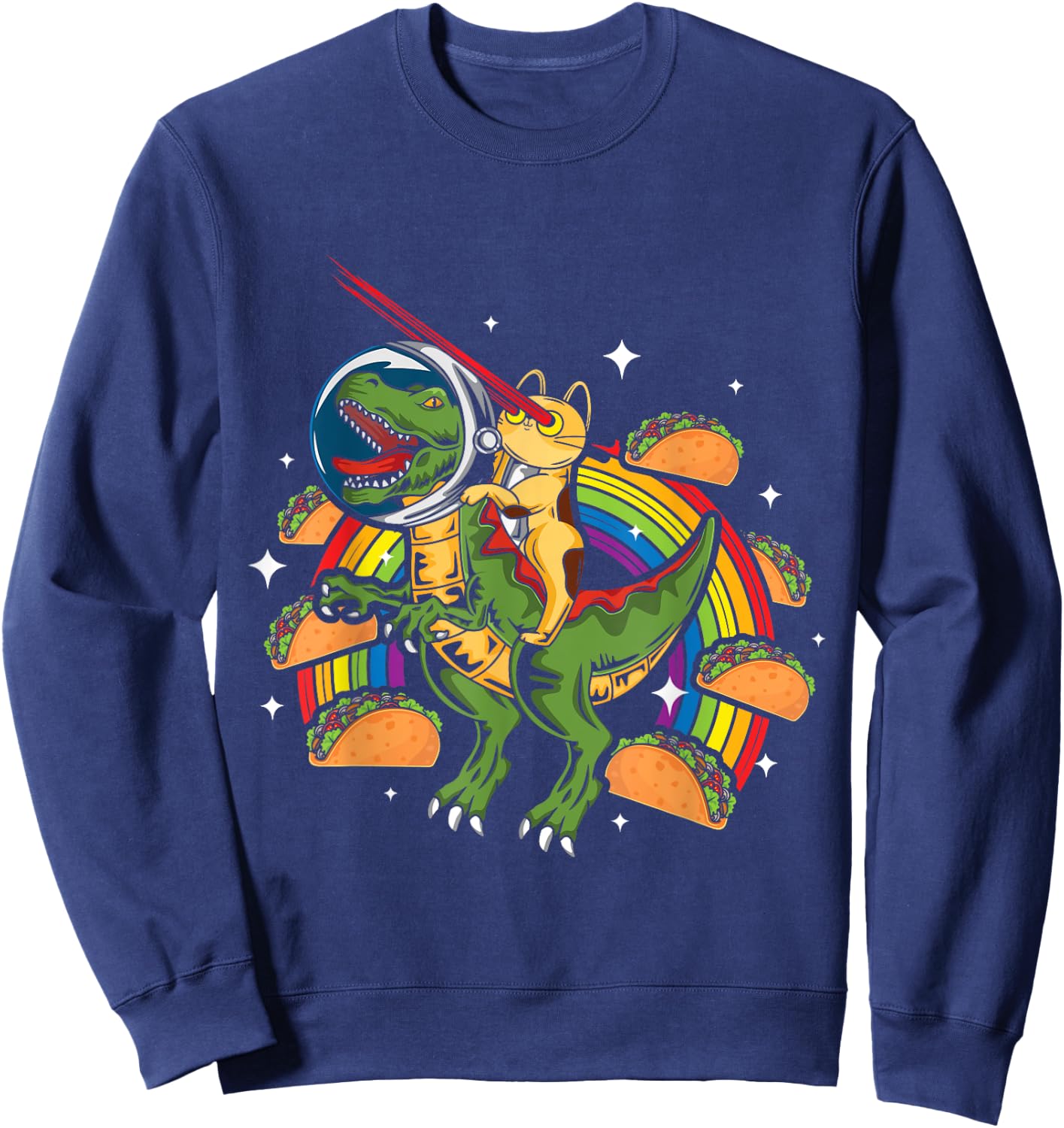 Crazy T-Rex Riding Cat Laser Eye Taco Rainbow Space Dinosaur Women Girls Kids Sweatshirt - Sweatshirt | Navy