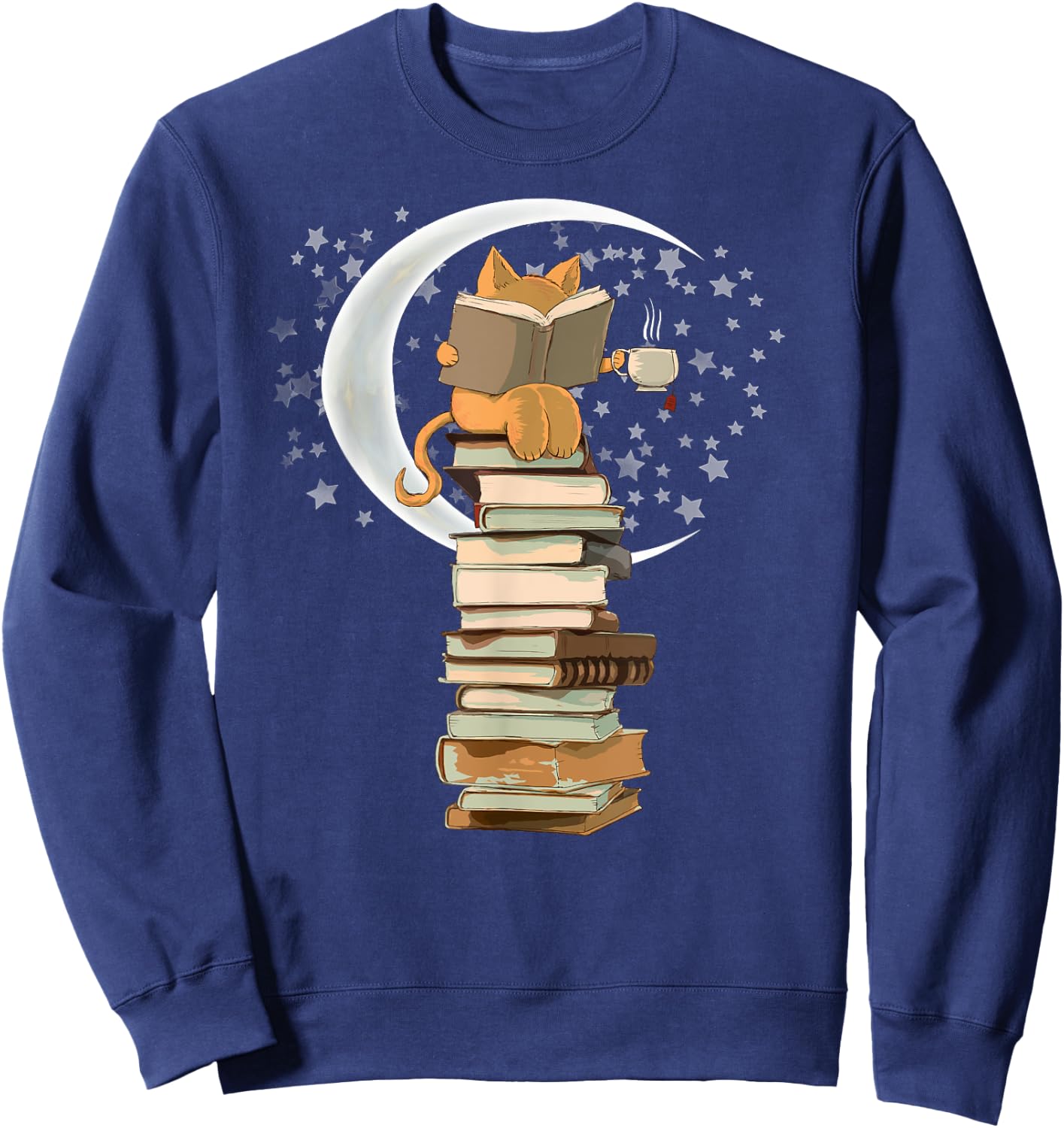 Kawaii Reading by moonlight, books, coffee and cute cat Men Women Girls Kids Sweatshirt - Sweatshirt | Navy