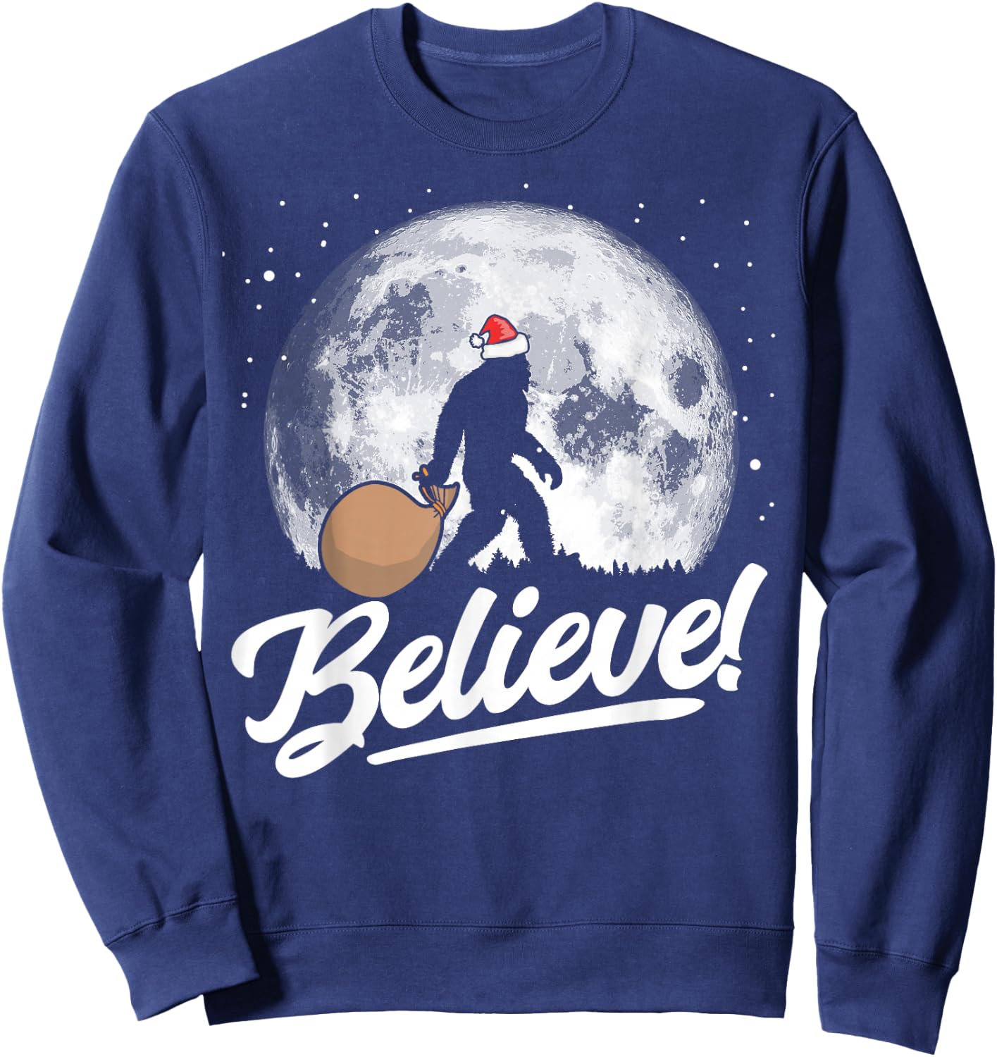 Believe! Santa Bigfoot Christmas Snow & Moon Night Graphic Sweatshirt - Sweatshirt | Navy