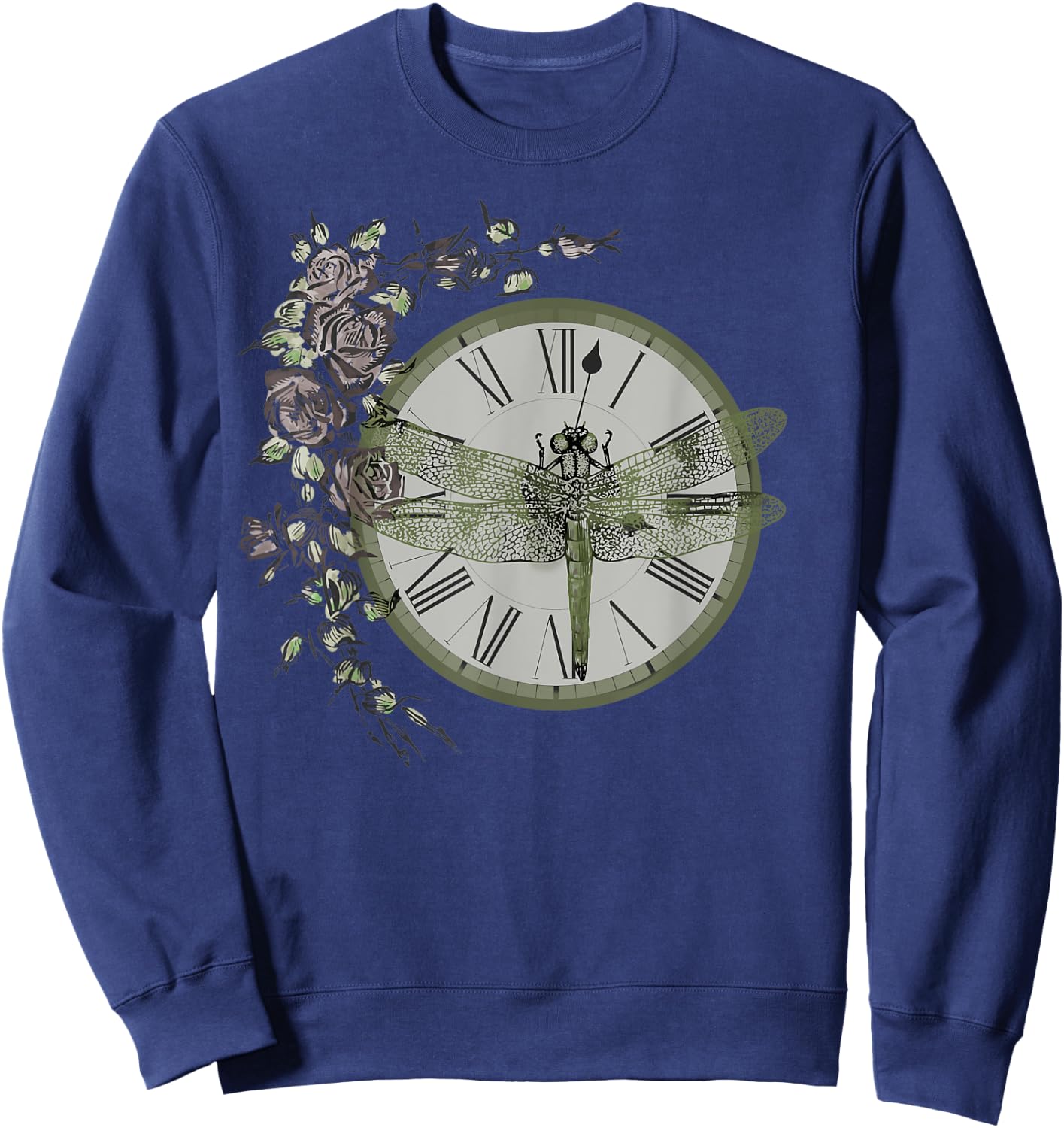 Dragonfly Resting on a Vintage Clock Adorned with Roses Sweatshirt - Sweatshirt | Navy